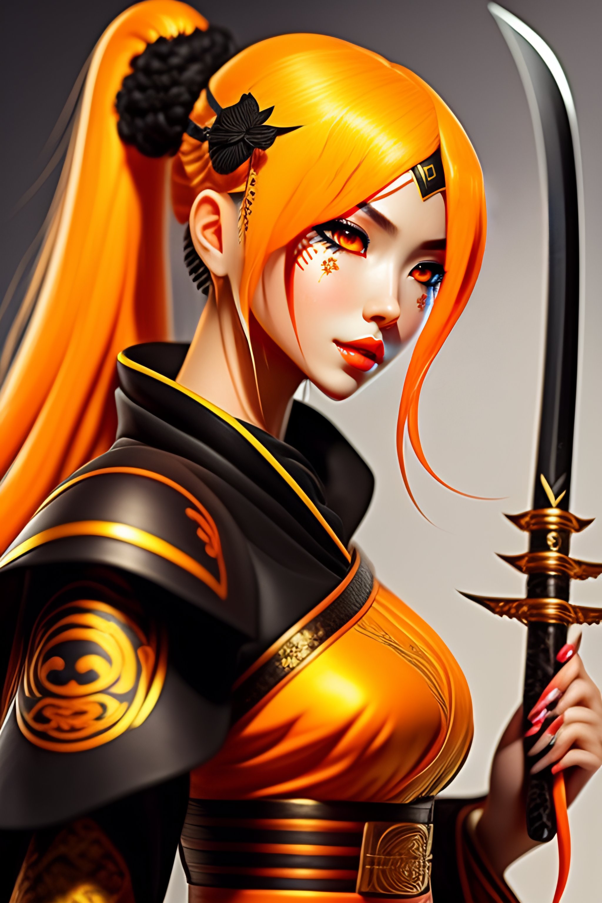 Lexica Samourai girl with japanese embroidered dress ,orange lips