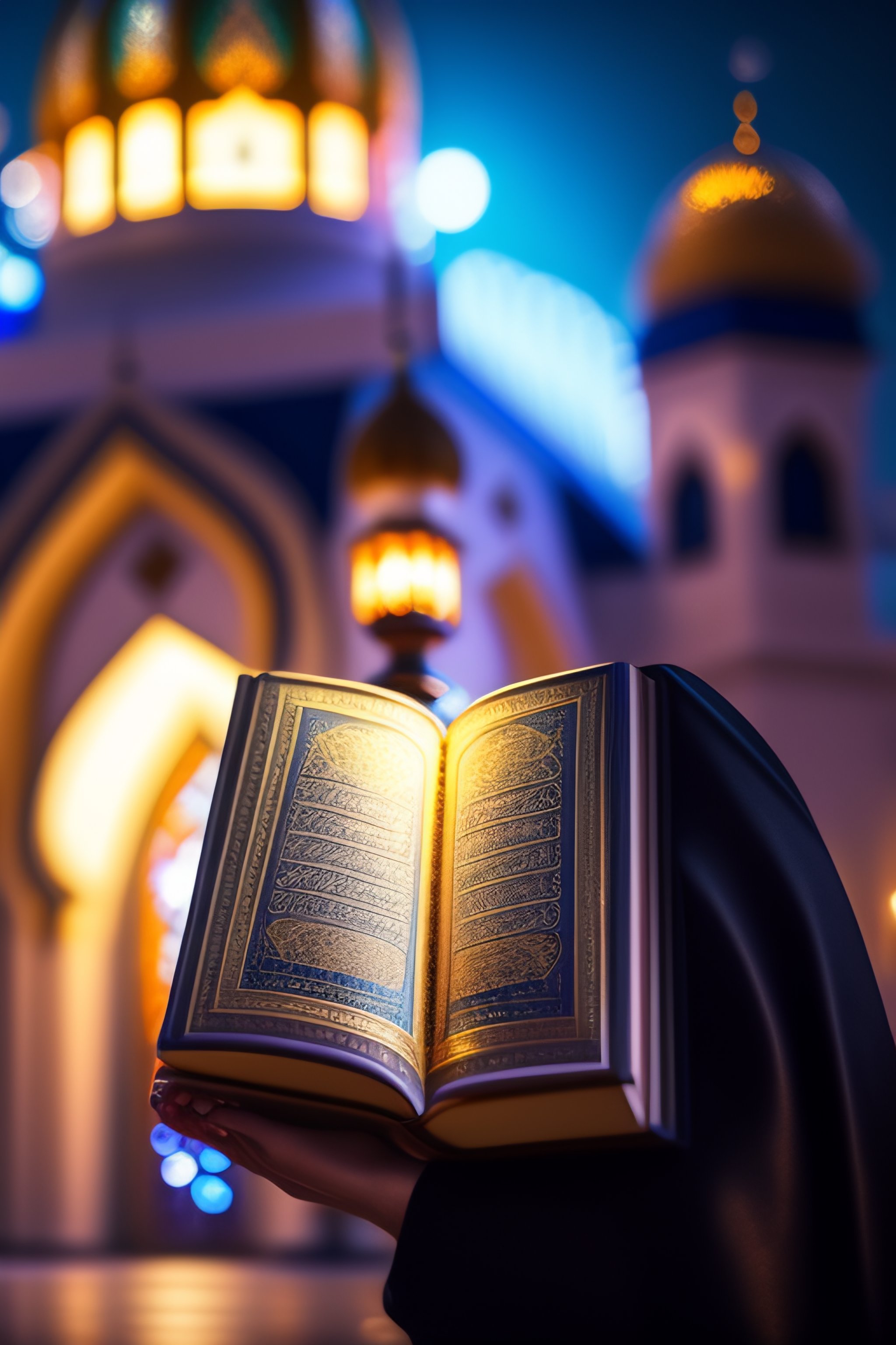 Lexica Shiny clear Quran in front of a mosque, 8k, highly detailed