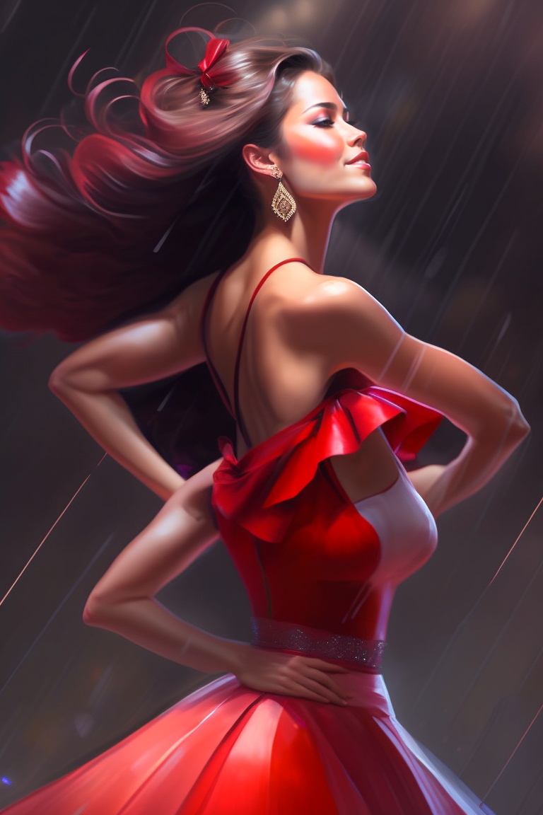 Lexica - A beautiful young woman dancing under the rain || red dress ...