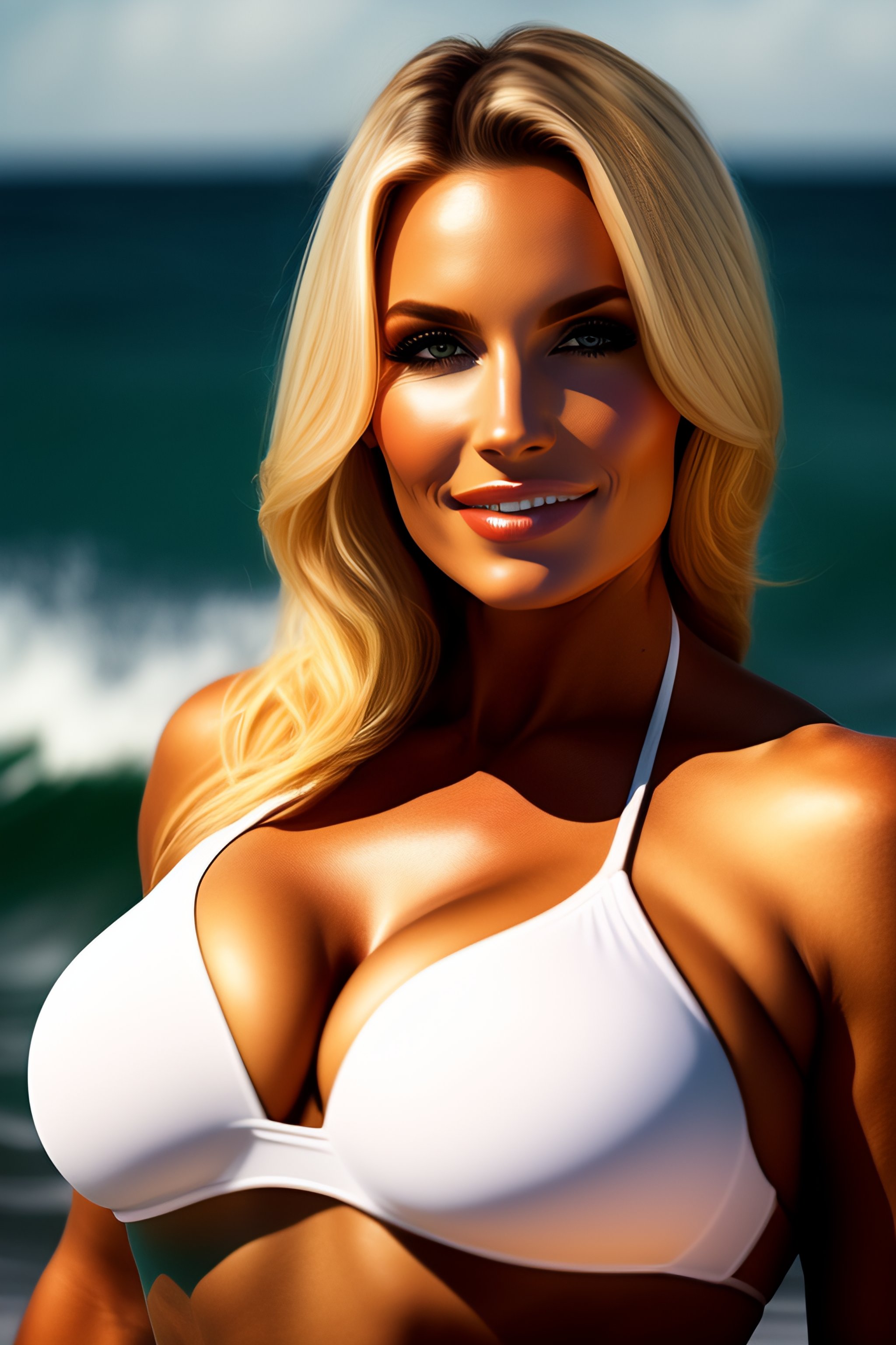 Lexica - Picture of entire upper body of white woman with blonde hair in string  bikini with large bust