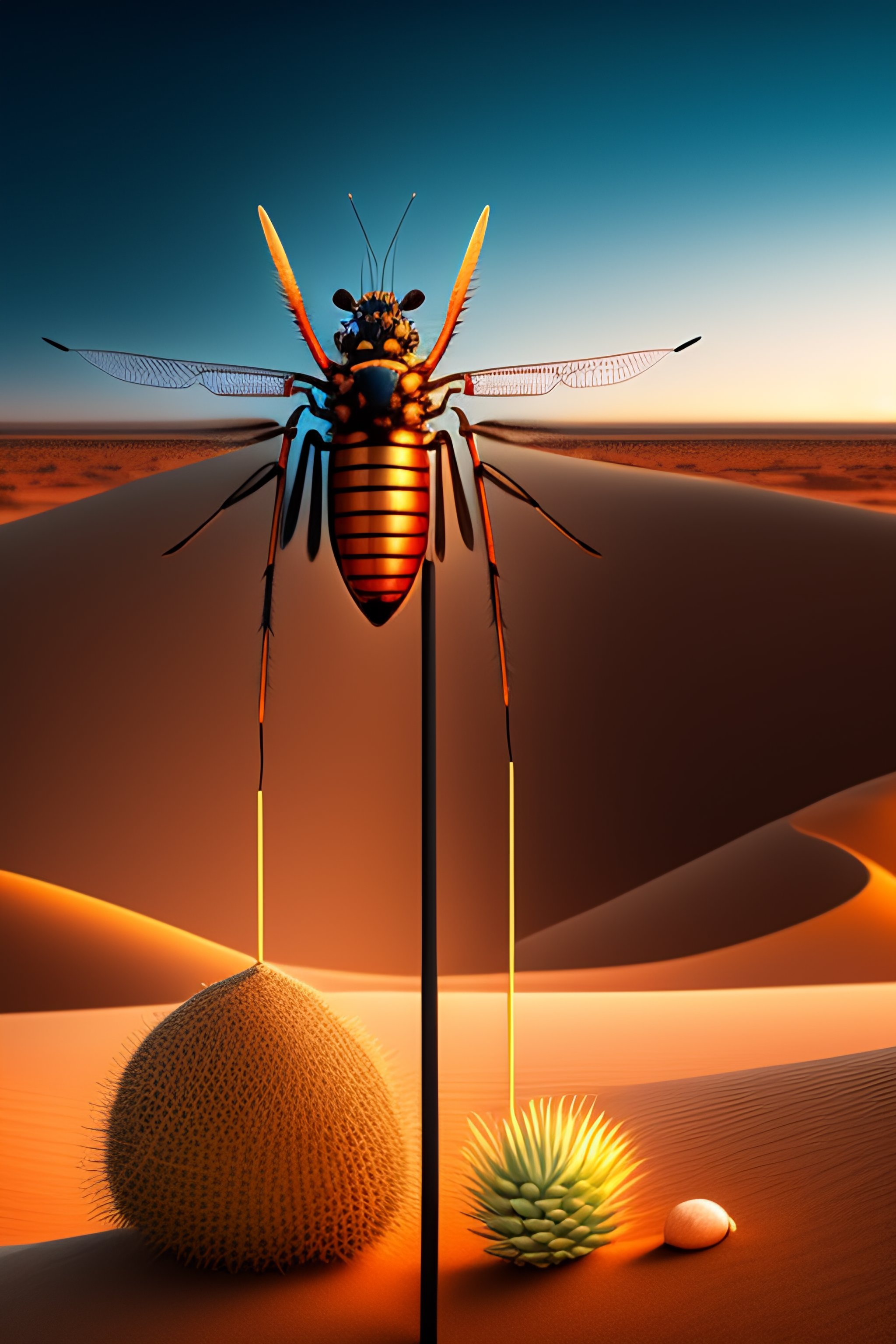 Lexica A humanoid mosquito standing with a desert with a spear.