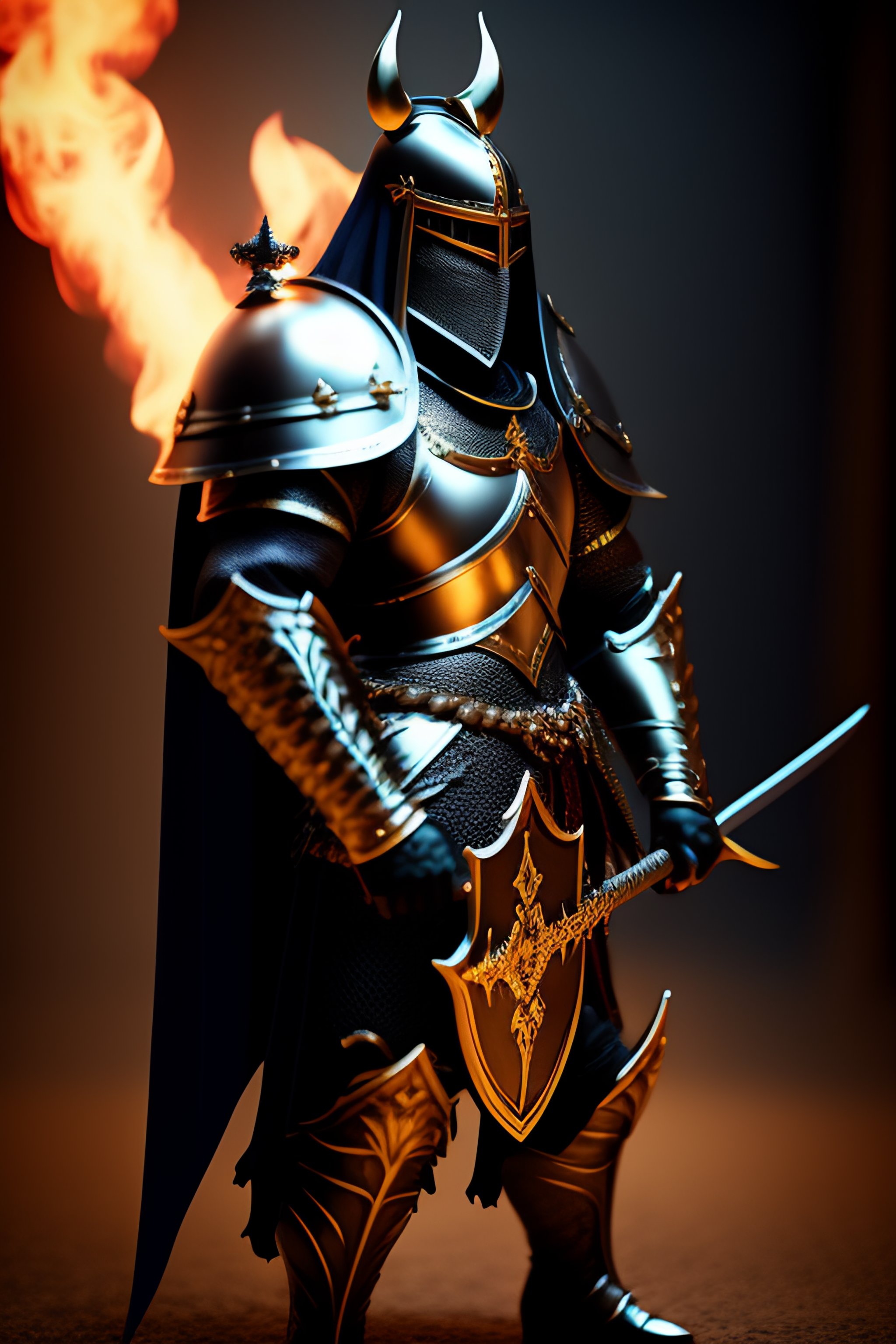 Lexica - Knight in full armor holding shield and sword with demon horns and  inside hell 3d by greg rutwoski