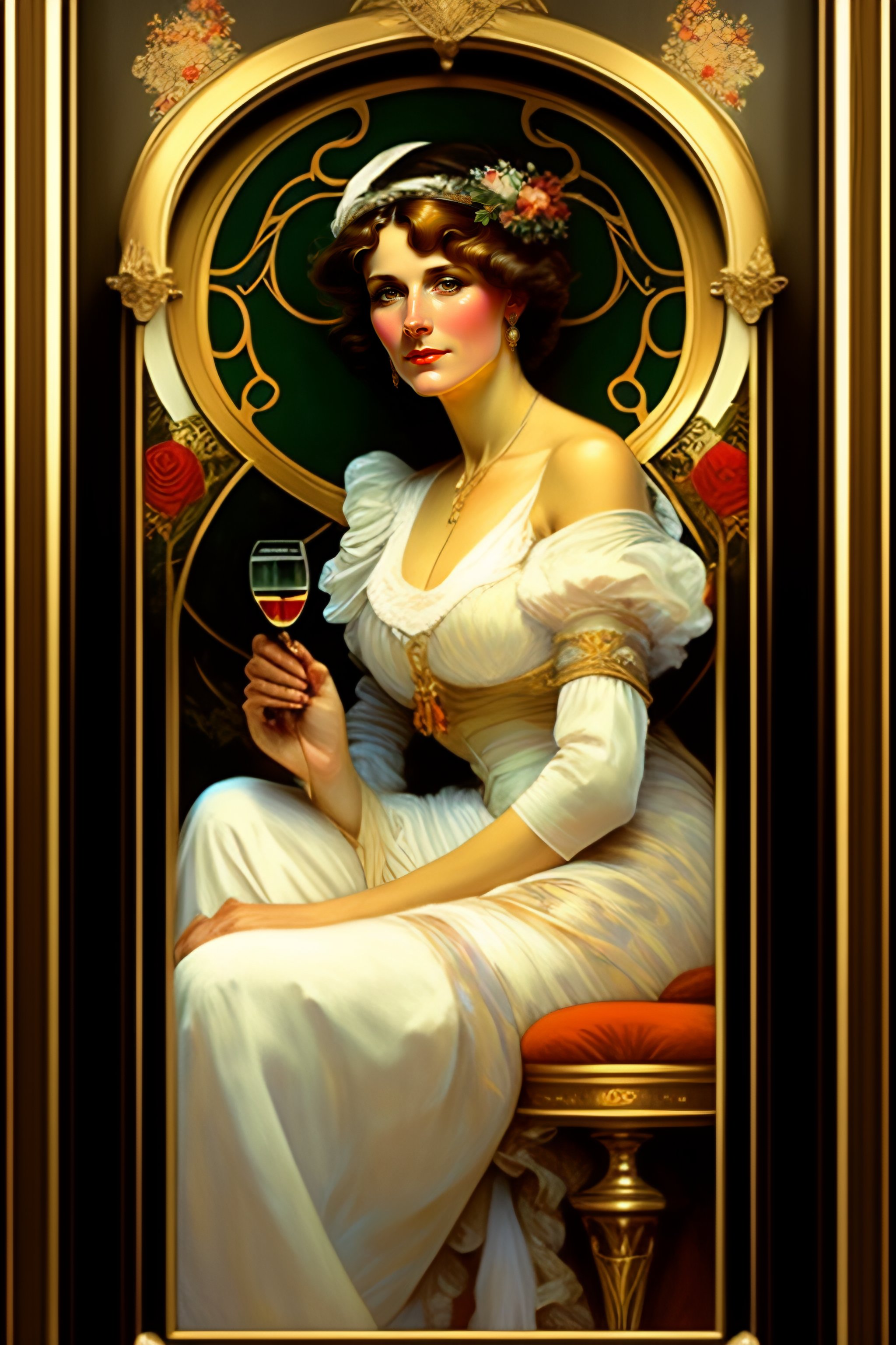 Lexica Middle Aged Beautiful Lady With A Glas Of Wine Painted By Alphonse Mucha And Norman