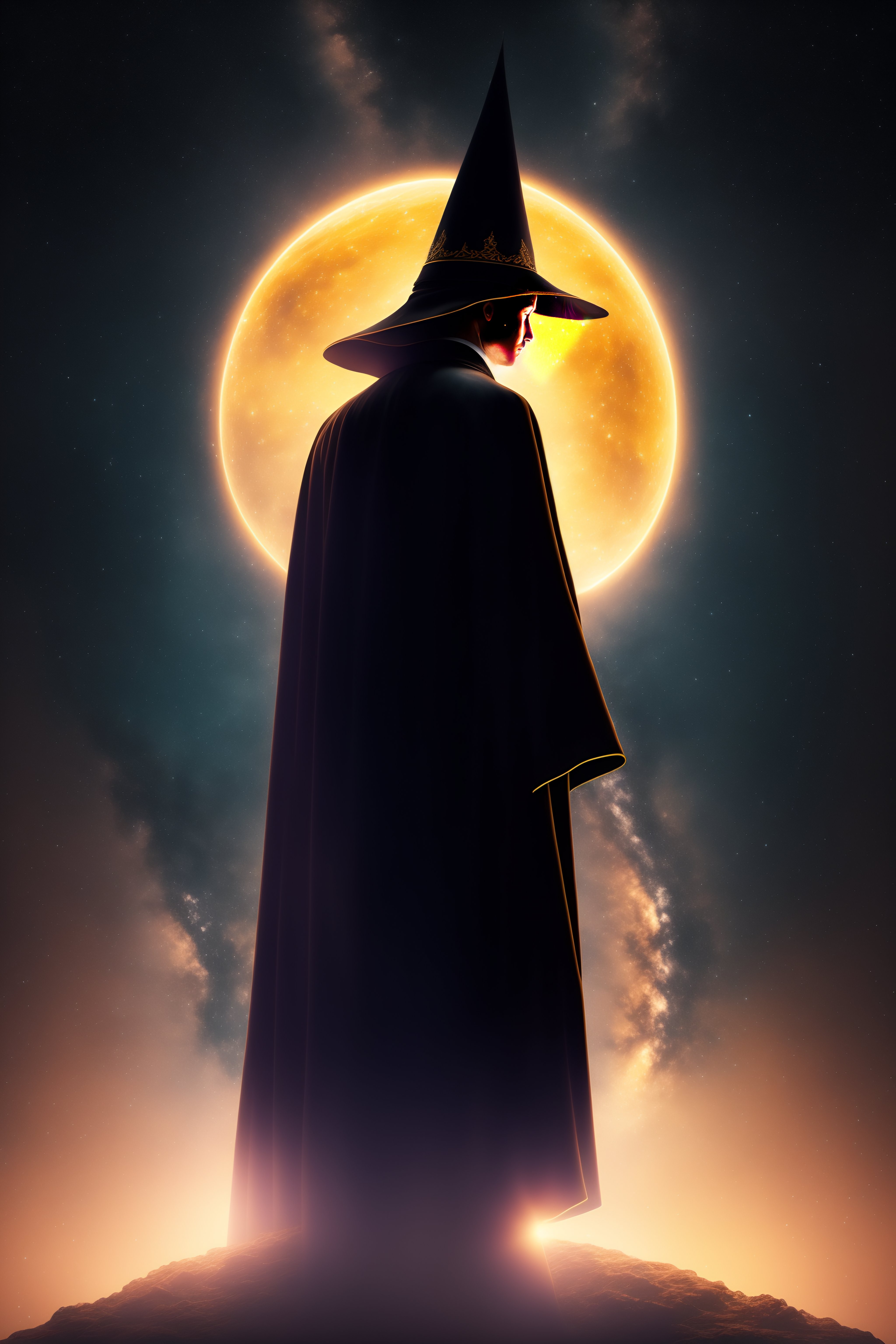 Lexica - Silhouette of a wizard in a robe and pointed hat on a ...
