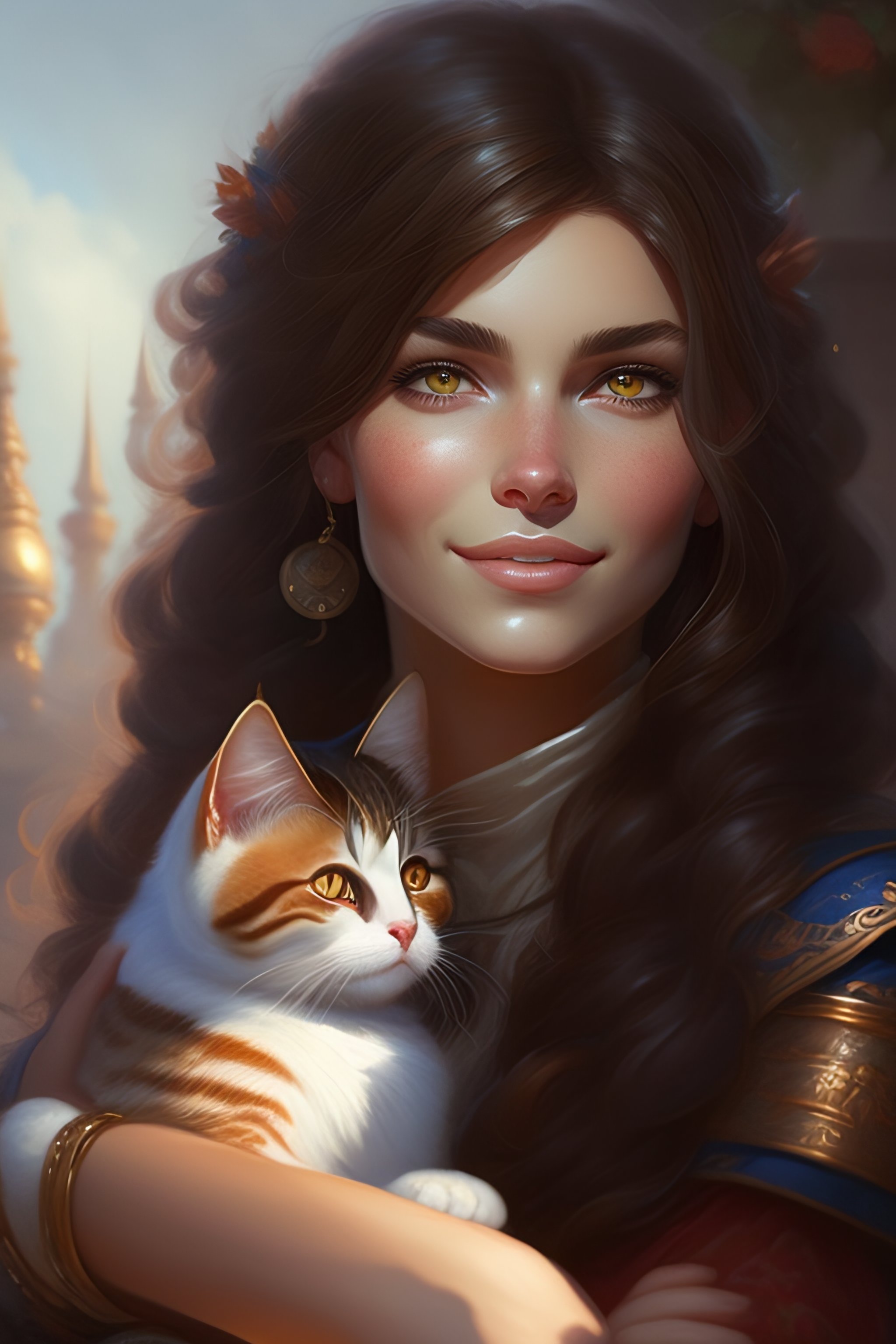 Lexica - A detailed portrait of a cute brunette girl hugging a tabby ...