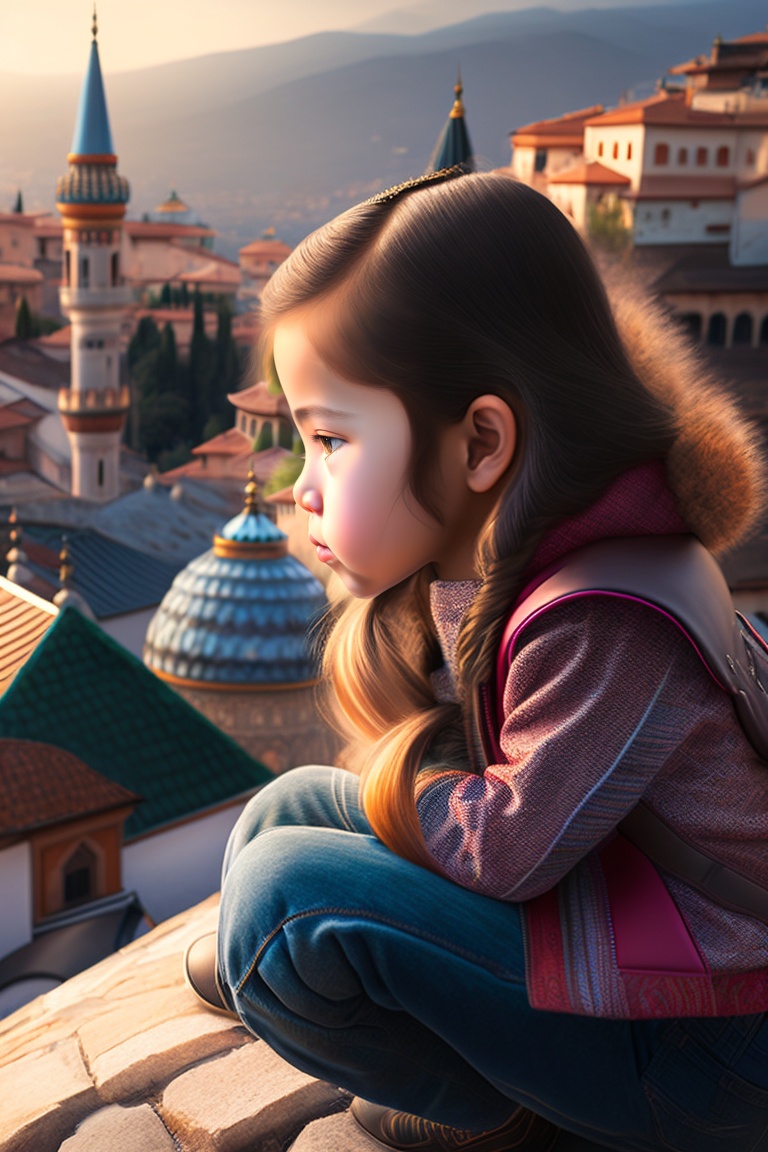 Lexica - Girl sitting on a roof looking down at a city of Bursa ulu ...