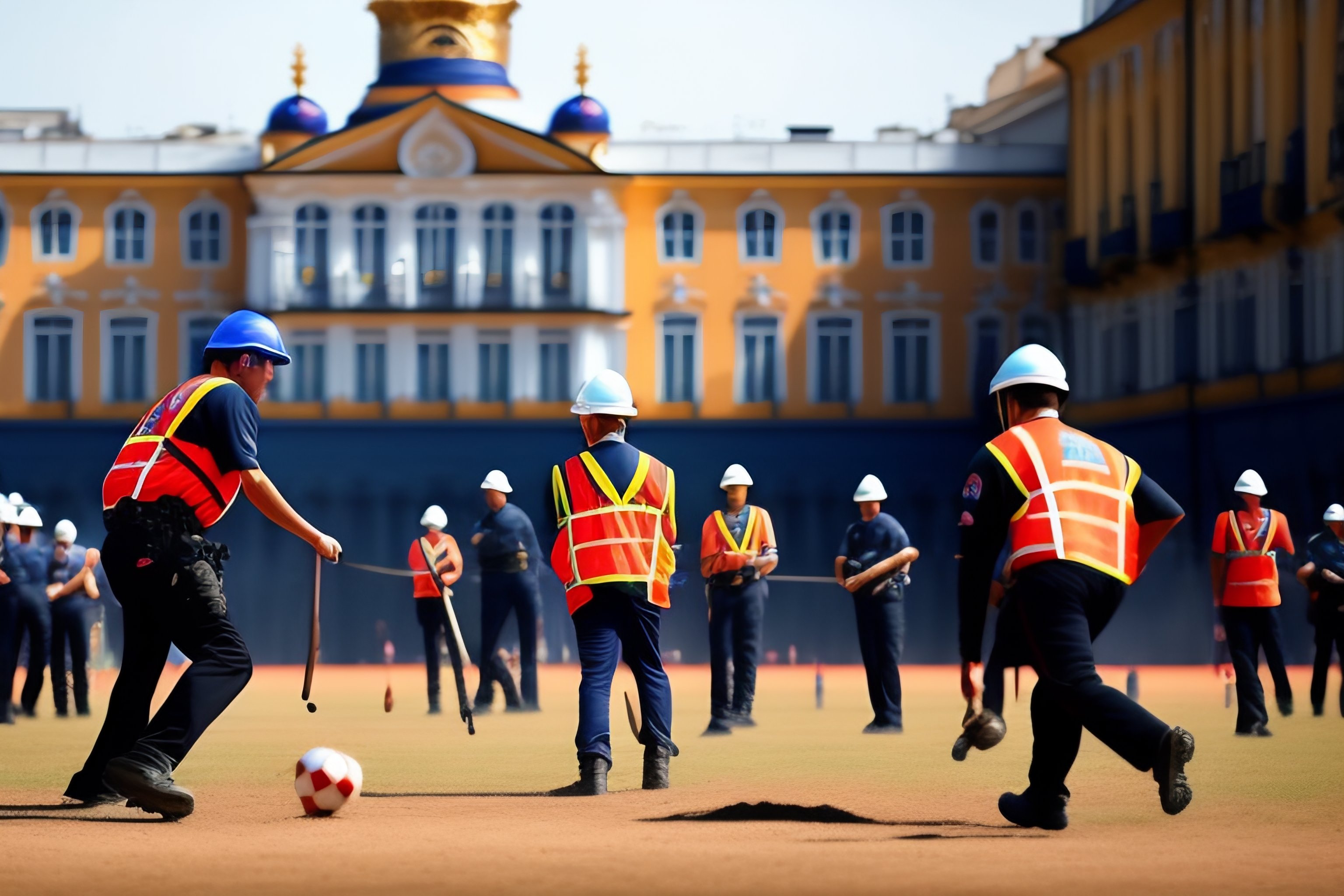 Lexica - Builders in helmets playing football in St. Petersburg on