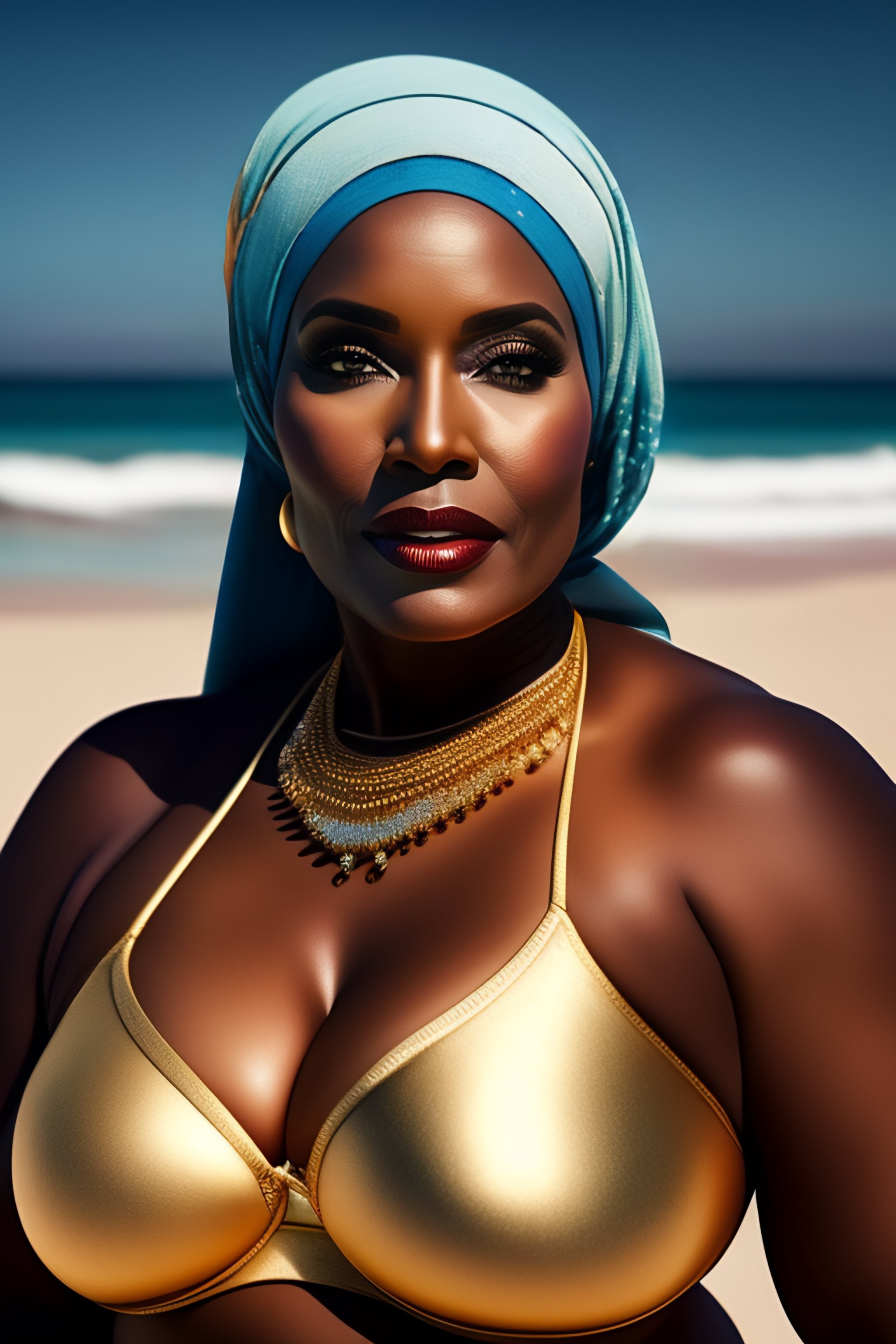 Lexica - 60 years old granny . woman in hijabi in bikini . high quality .  plus sized model . larger tiddie chest size . mighty plump. gold jewelry .  ...