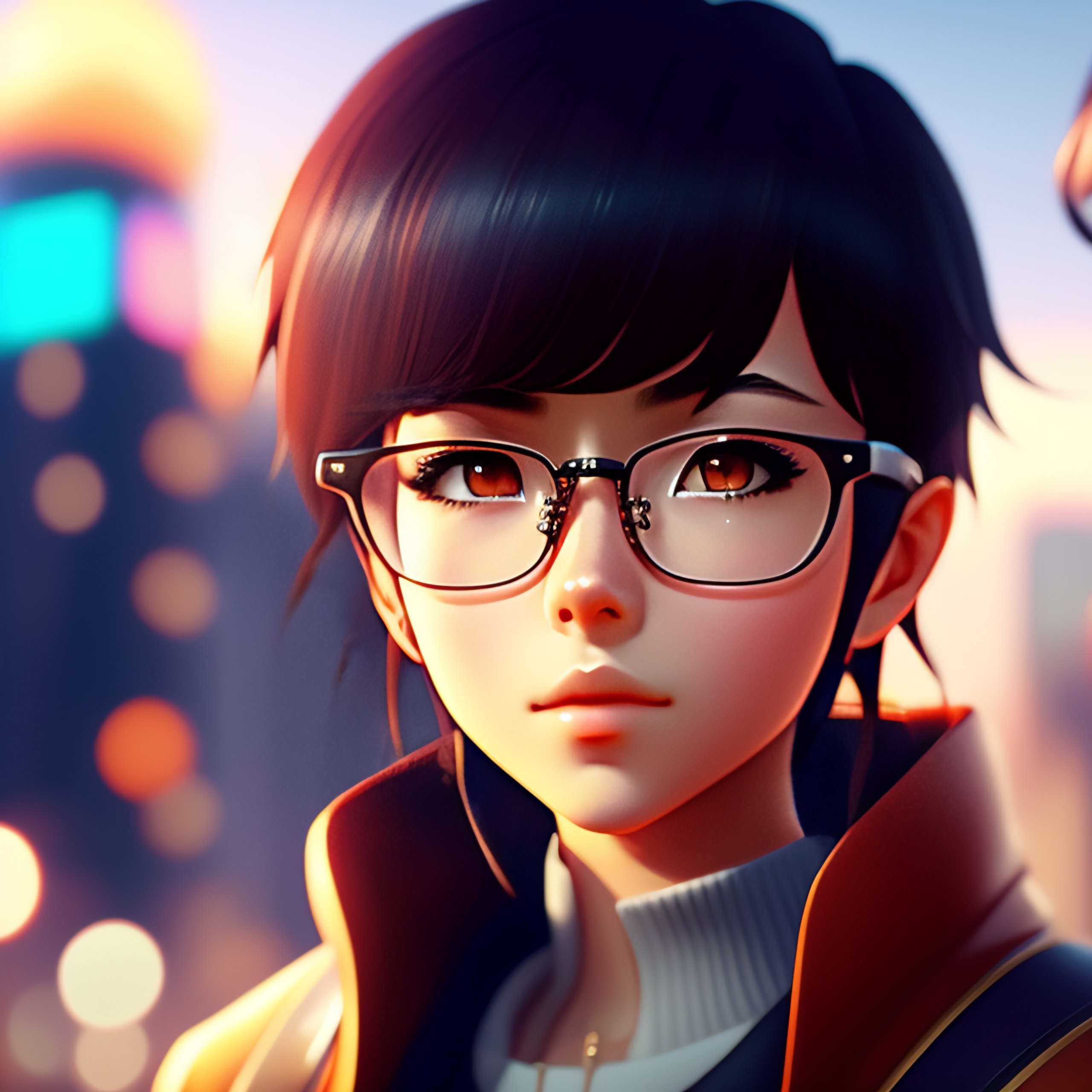 Lexica - Anime screenshot girl with short brown wolf cut hair with brown  eyes and round glasses, cyberpunk room landscape on the background, deep  bok...