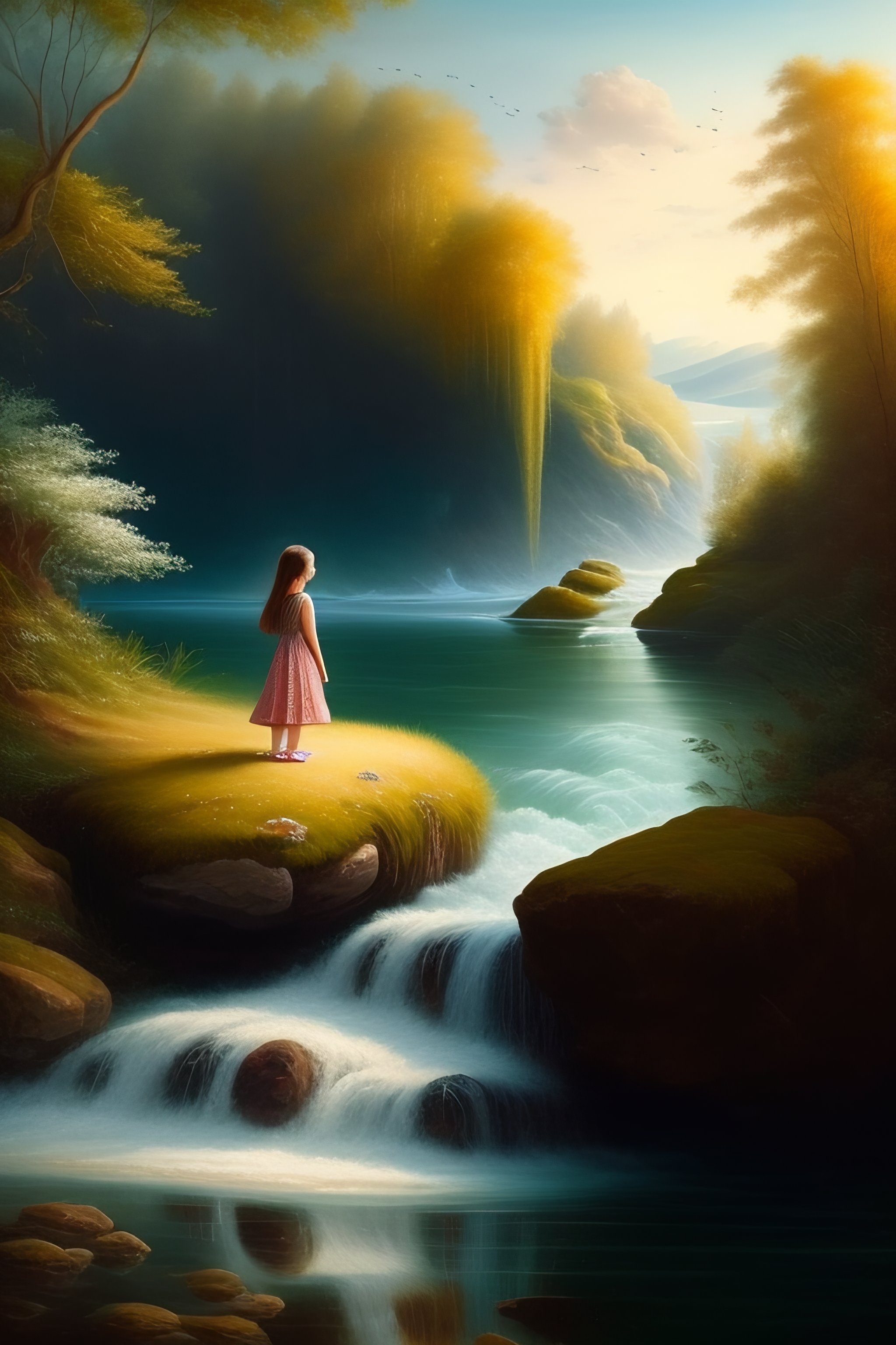 Lexica - A young girl with her feet in the water of a stream, looking ...