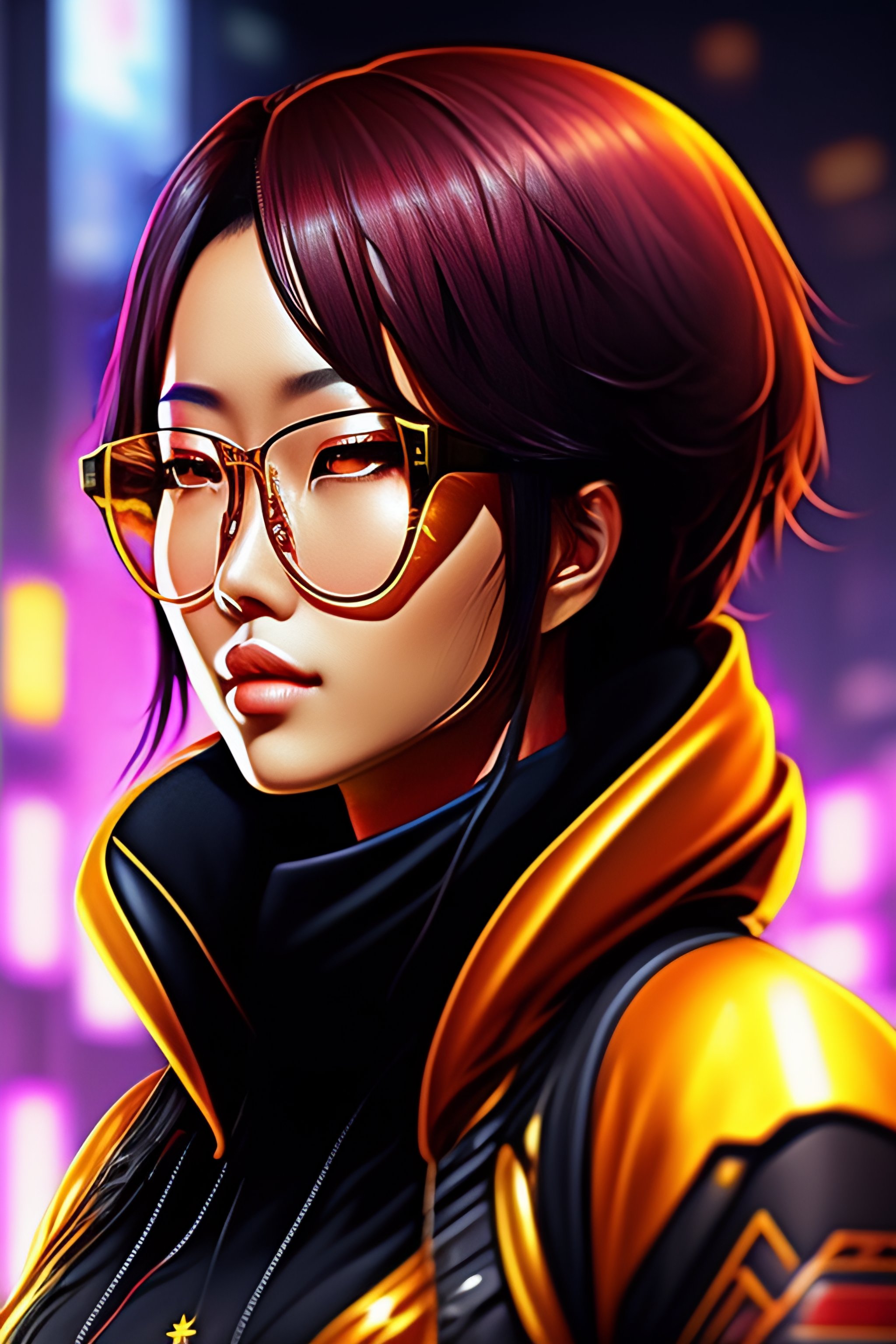Lexica Gold glasses anime mass effect design 2d cyberpunk tokyo aniem manga
