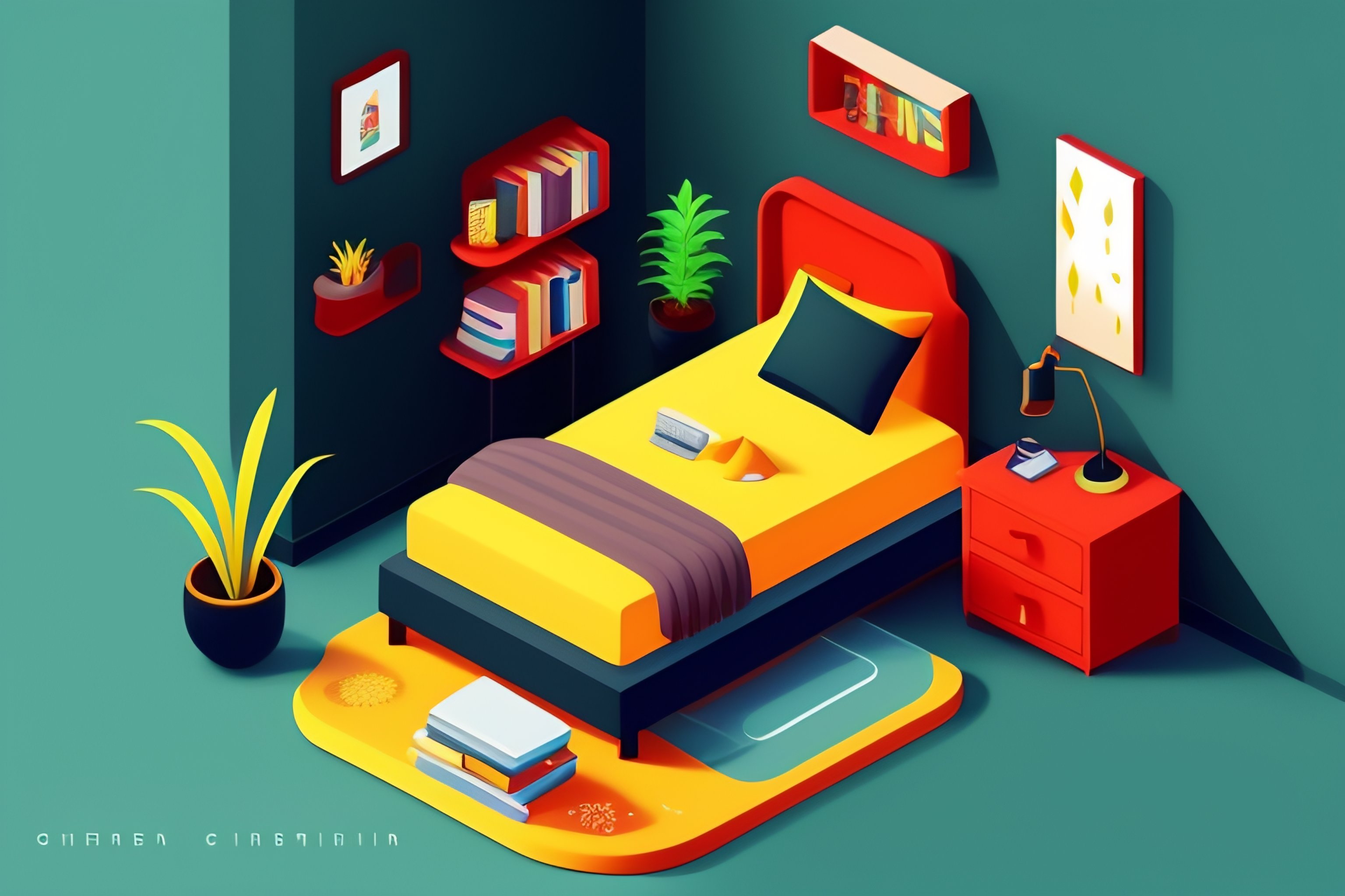 Lexica - Bedroom decor, isometric illustration, home office, bed, place ...