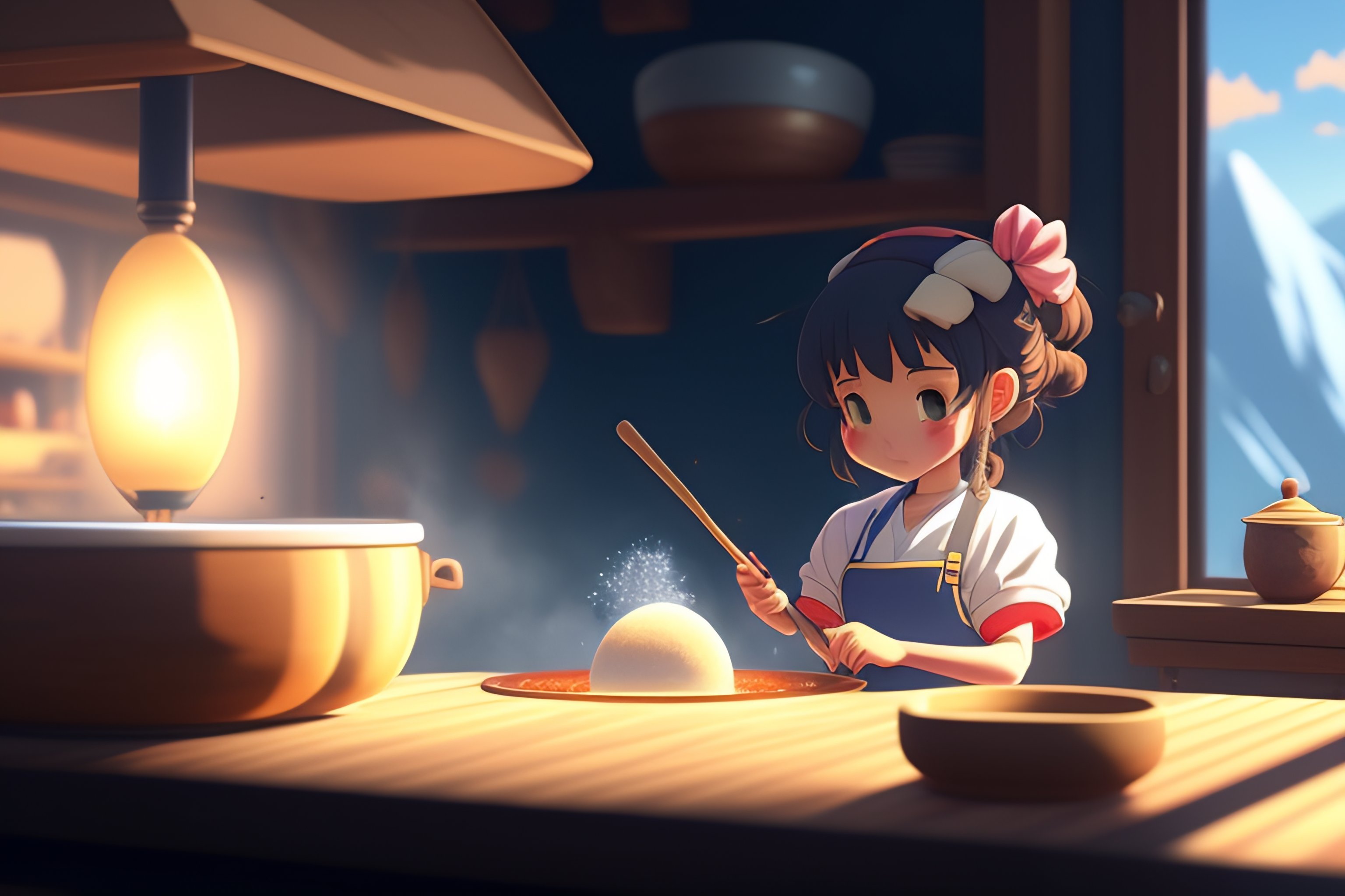 Lexica - Create a high resolution artwork of lofi ,Anime Little Girl is  making mochi at her home in the middle of the mountain, snown , by makoto  shi...