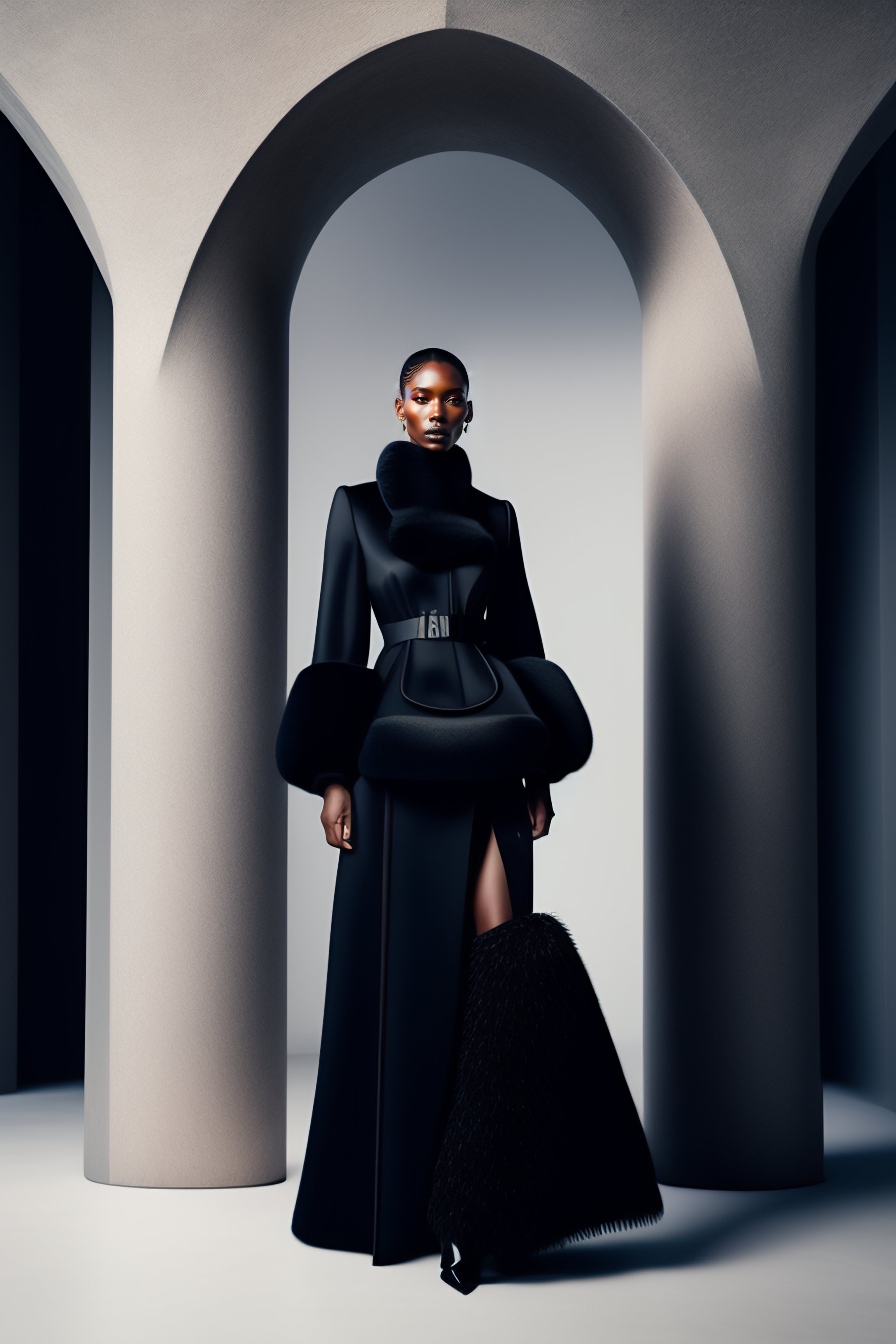 Lexica - A hyper-realistic haute couture model wearing a balenciaga black  fluffy mohair gown in the style of kinfolk magazine against the backdrop  of