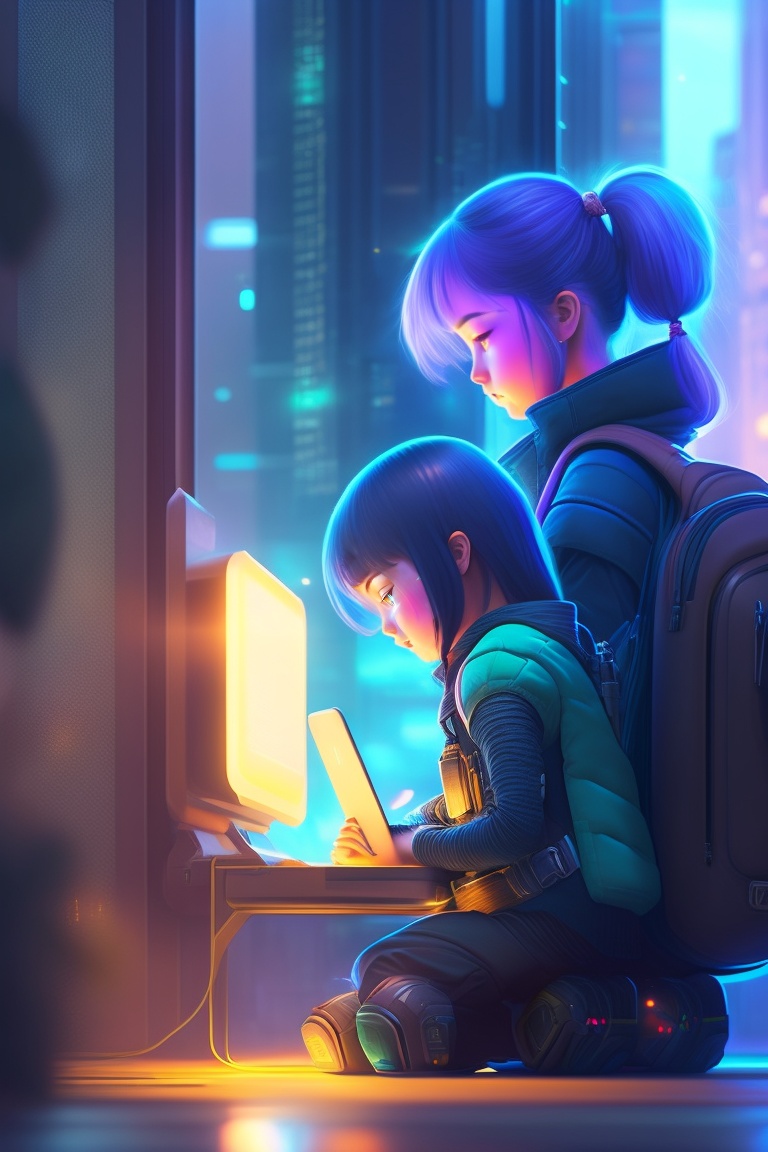 Lexica - Girl and robot sitting back to back working on a text in a ...