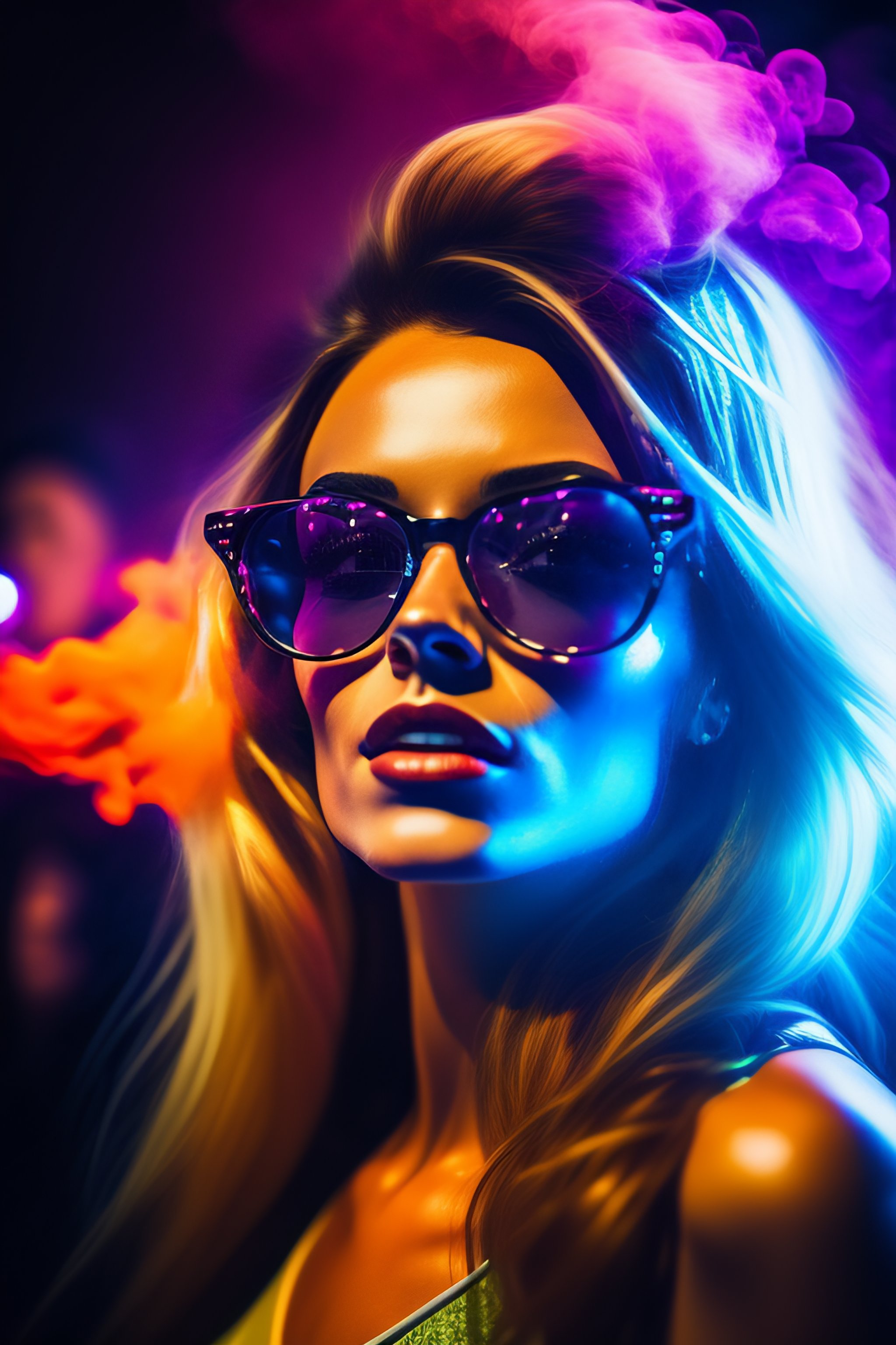 Lexica - A woman with sunglasses raving in a club with lasers and smoke