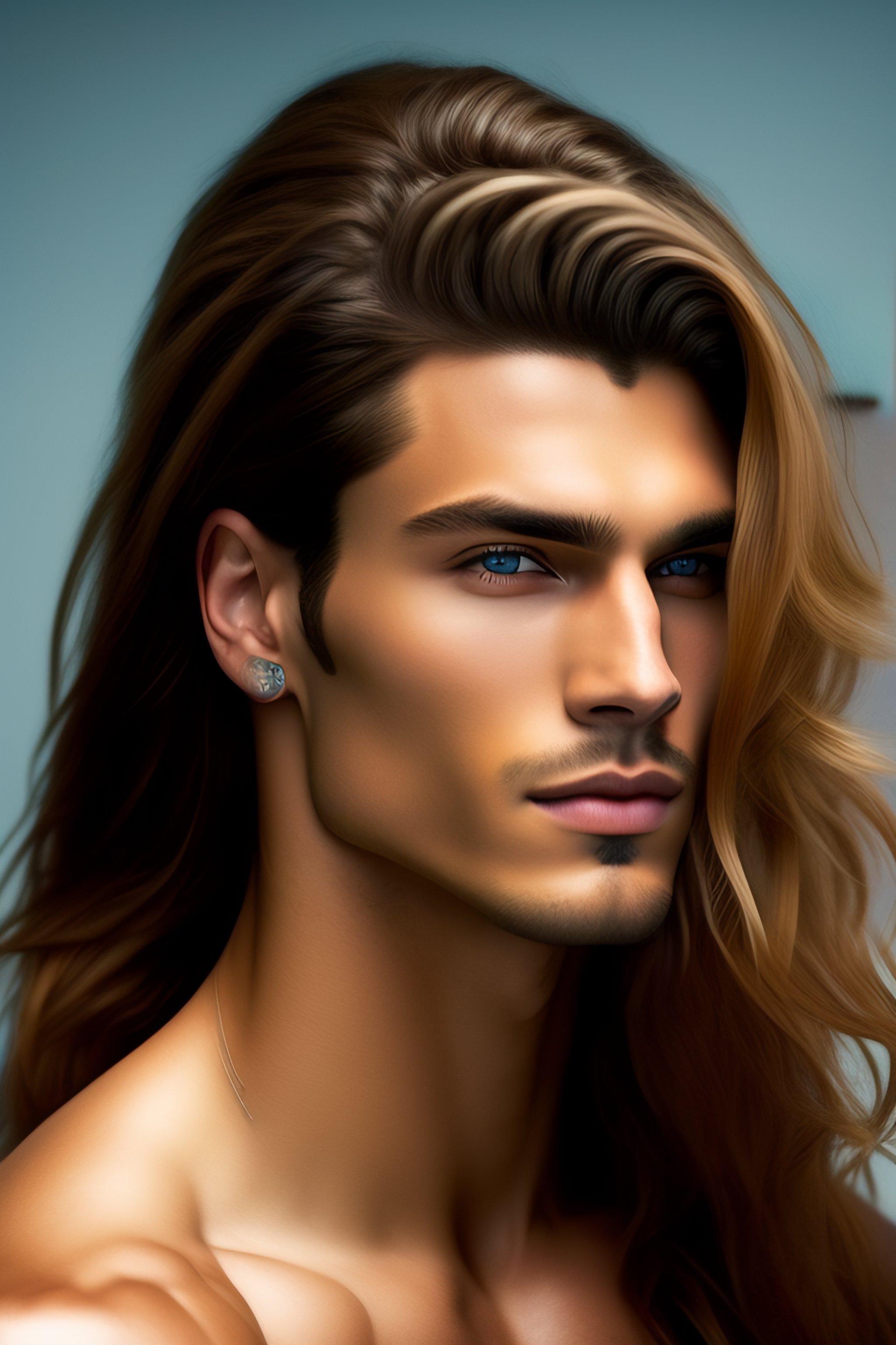 Lexica - Cute men with long hair, blue eyes, caramel skin, tattoed with  piercings, renaissance, groomed bear, hyper realistic style