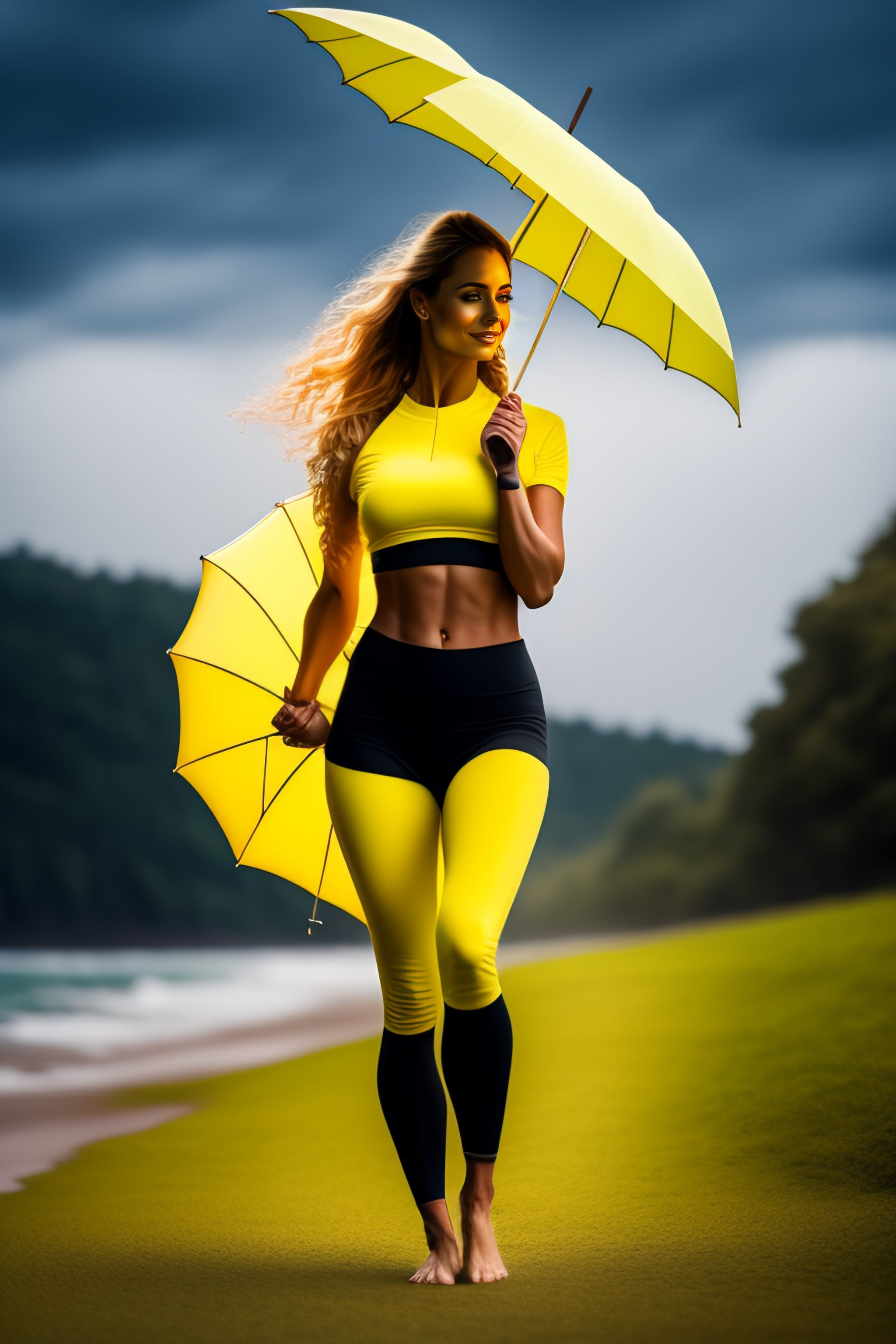 Lexica Woman in yogapants holding a yellow umbrella