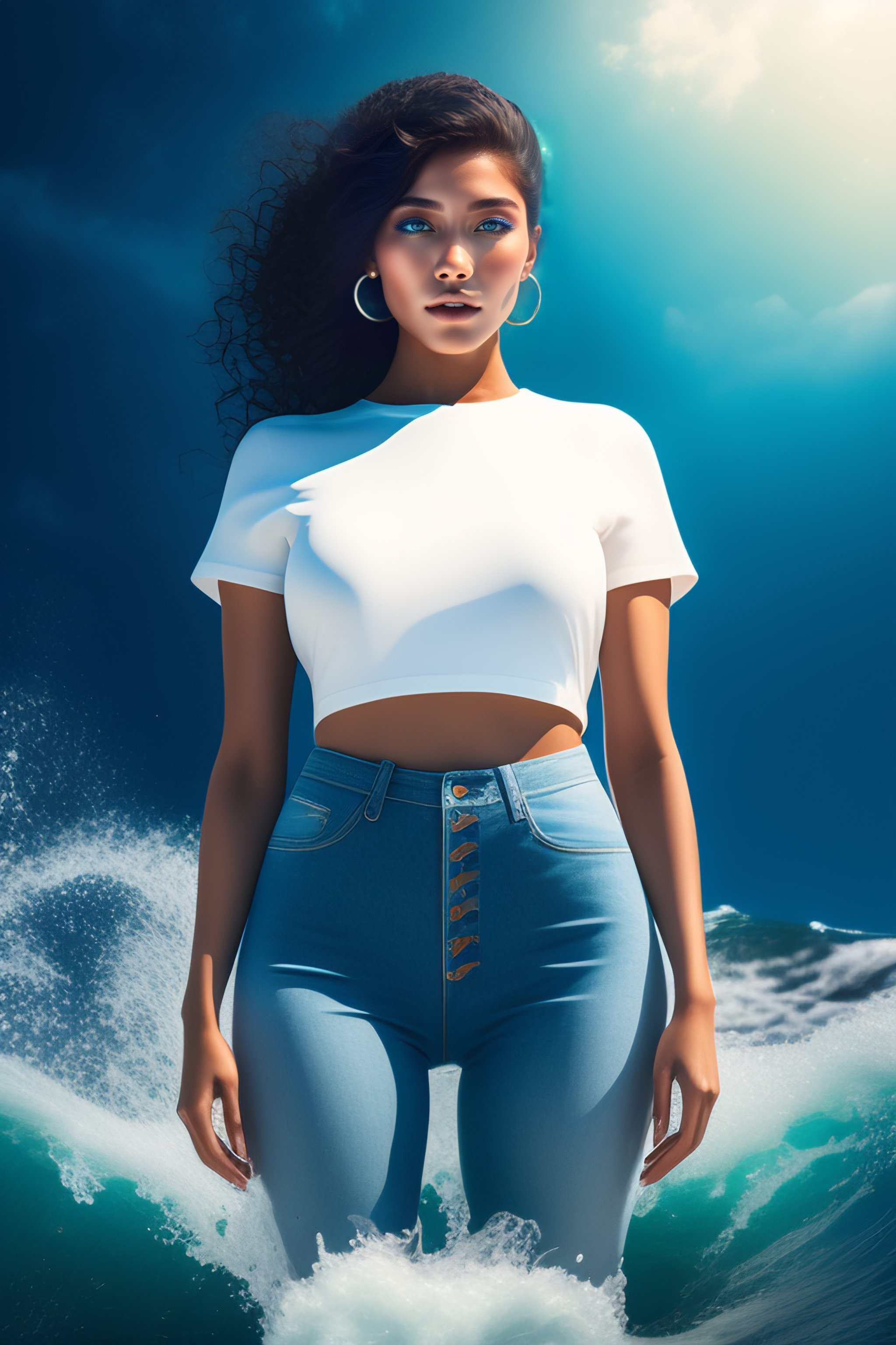 Lexica - A girl in white top and blue jeans at middle of ocean
