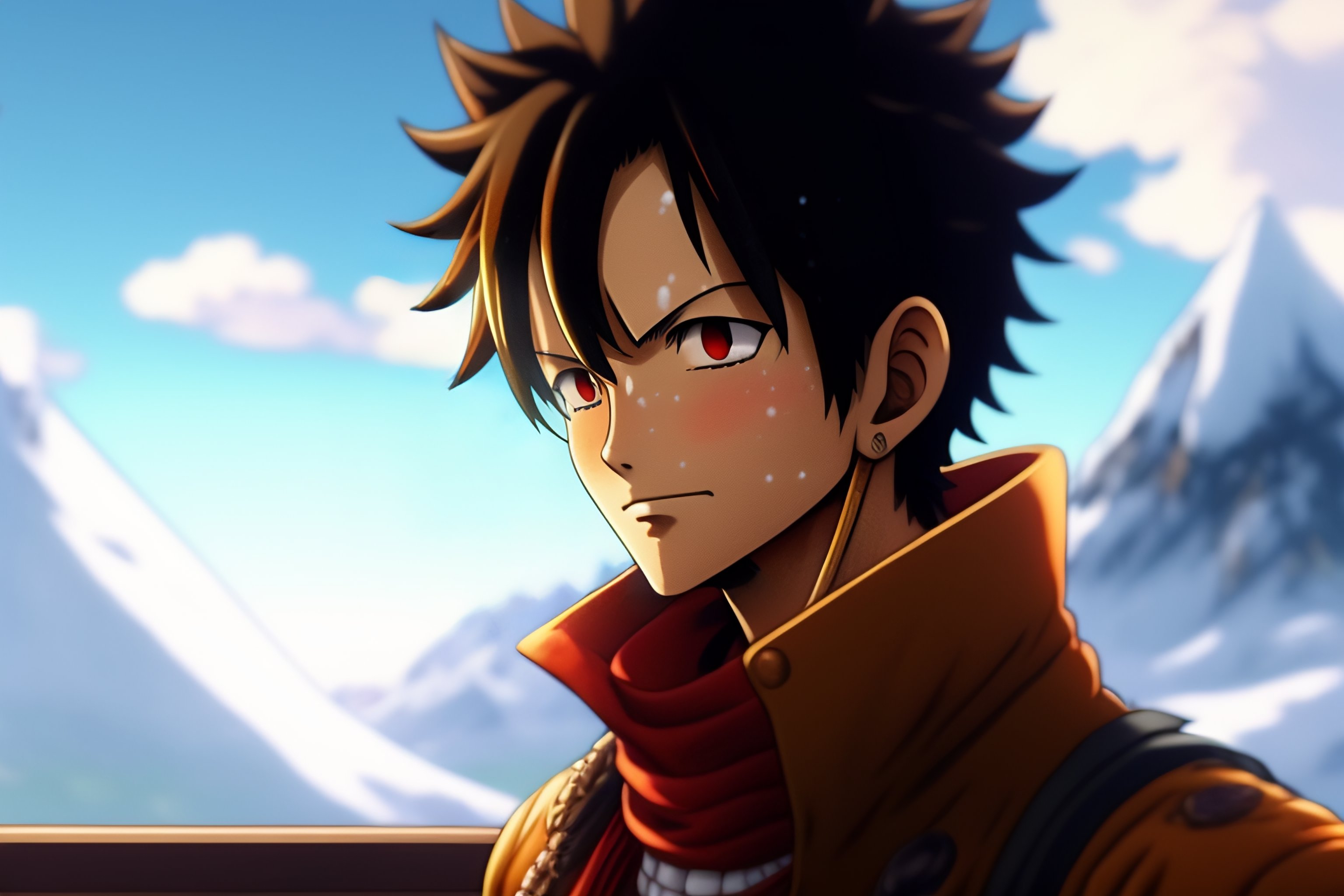 Lexica Luffy from one piece sitting on a roof looking up to the sky