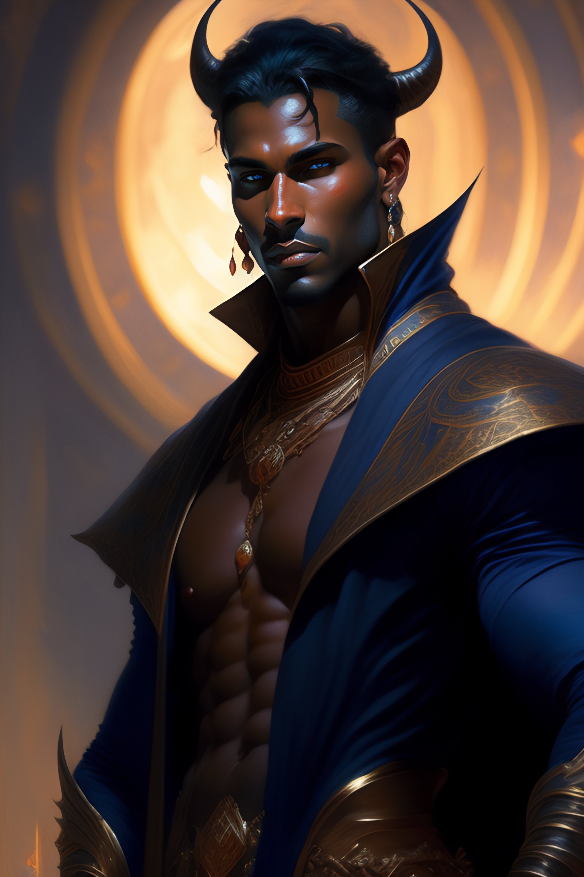 Lexica - Handsome tiefling guy with dark blue skin and horns and dark hair  and pitch black hollow eyes, homoerotic, painting by Gaston bussiere, gre...