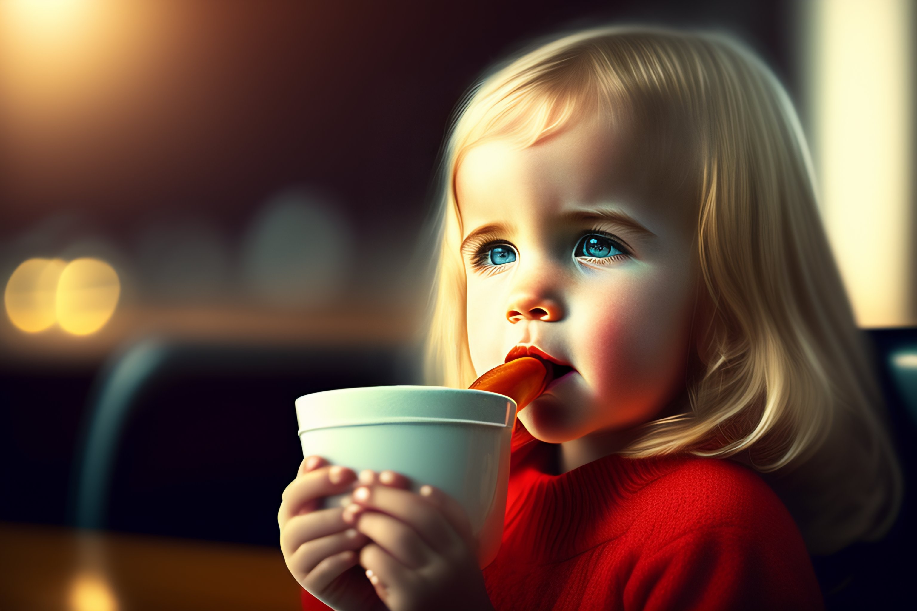 Lexica - 3 year old blonde girl drinking from a cup. photorealistic