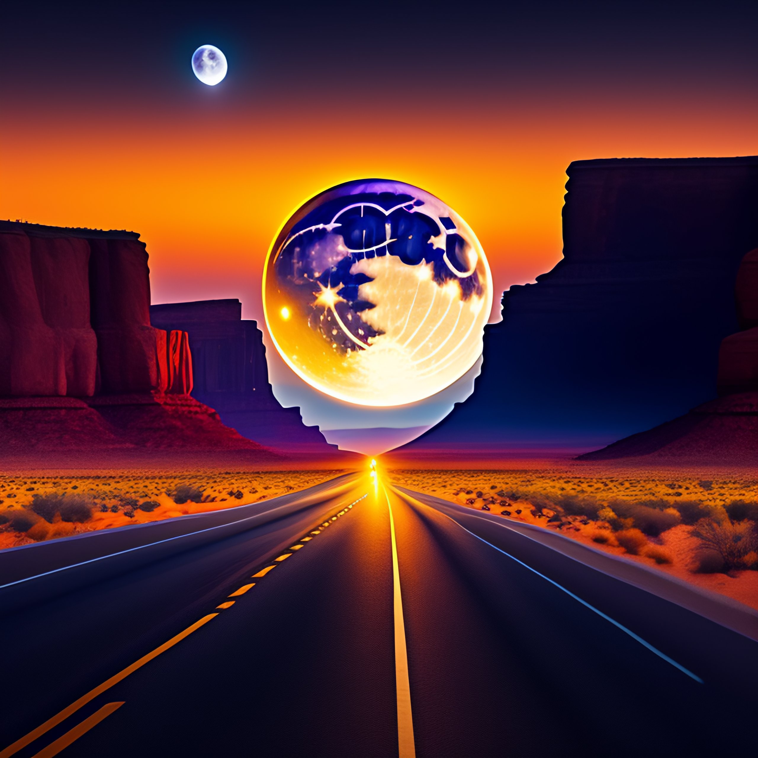 Lexica - A roadrunner from looney tunes running with spinning legs by the  road in grand canyon at night. huge moon in the sky, concept art,  cyberpun
