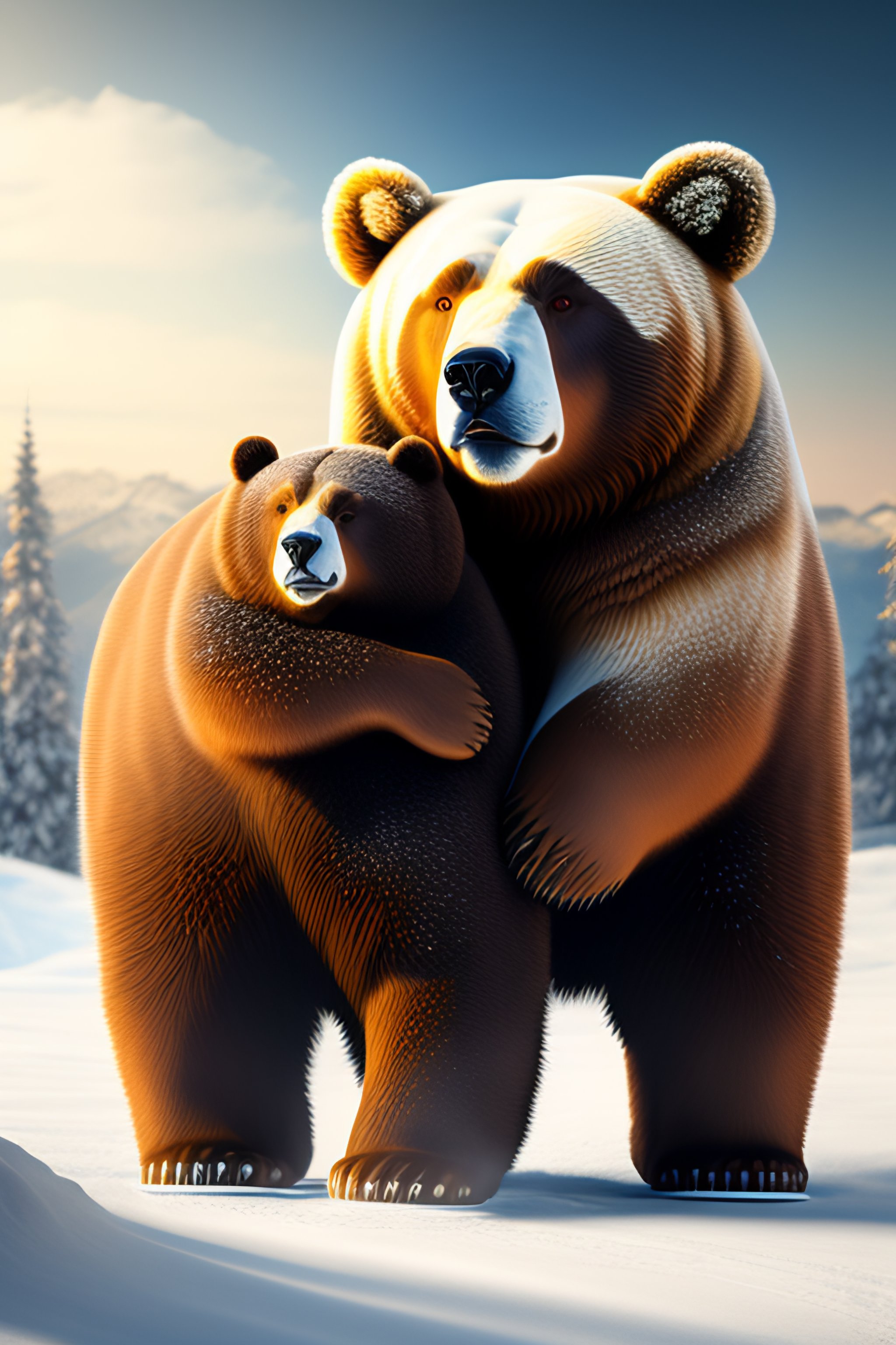 Lexica - Friendly bear holding hands with skier, perfect symmetry,  post-processing, extremely hyper-detailed, intricate, epic composition,  highly det...