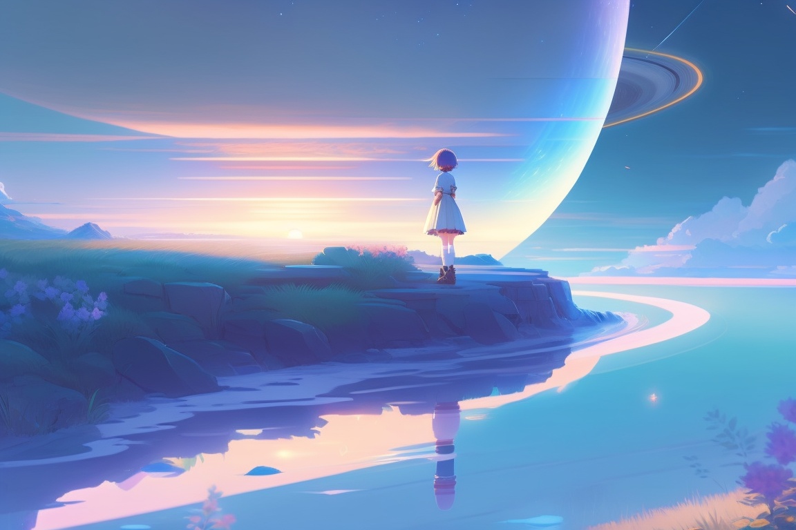 Lexica - Anime girl , ripples, backdrop of dawn, saturn in the ...