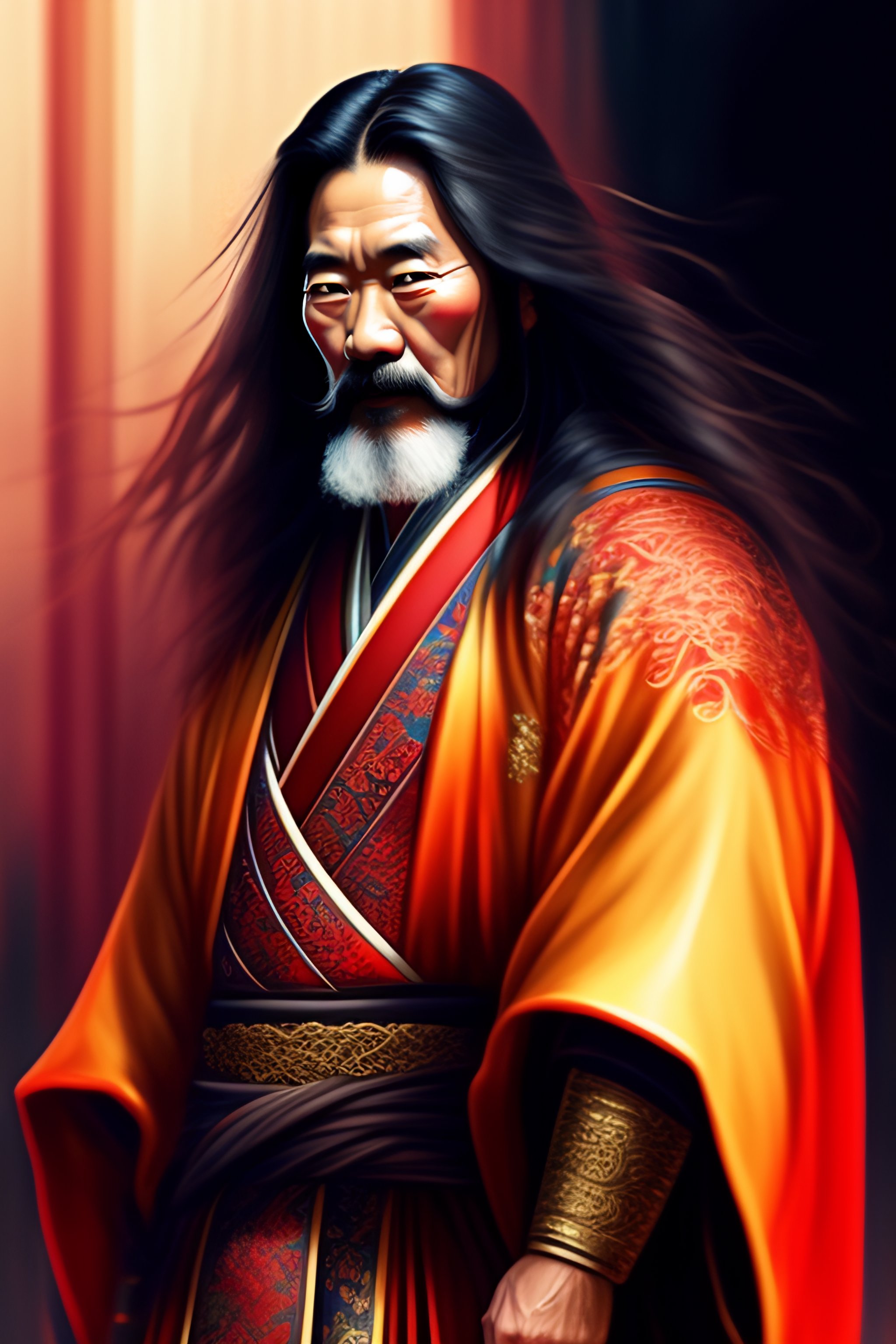 Lexica - Oldman with red kimono Samurai long hair intricate, elegant