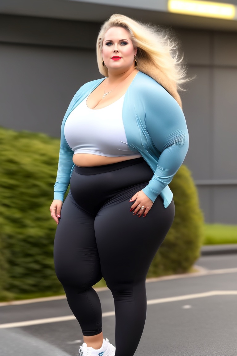 Lexica - Swedish plus size model with huge hips, blonde hair, big thighs,  wearing sweatpants, viewed from the side