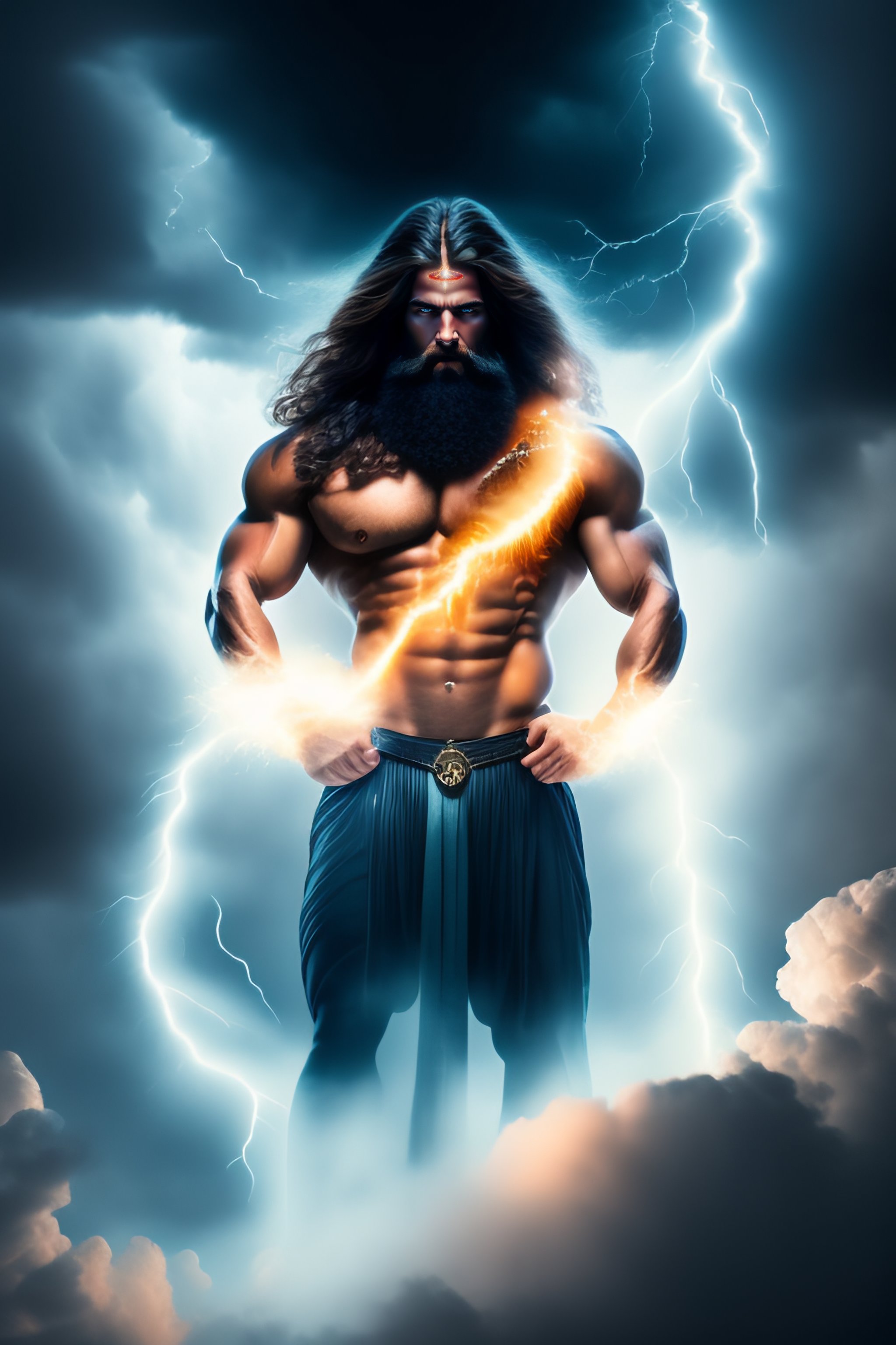 Lexica Old god zeus, with long hair, in the sky, with athletic body