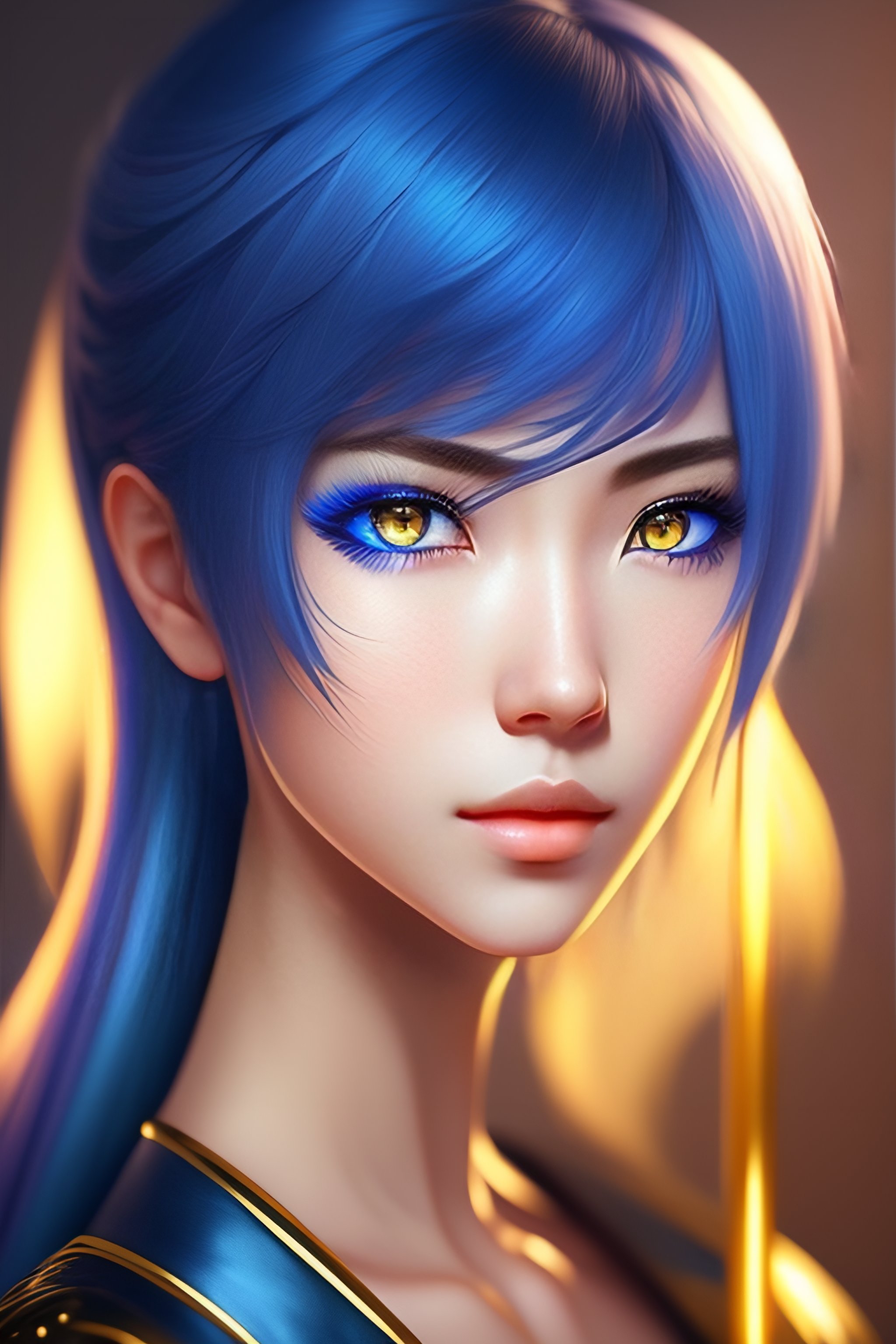 Lexica - Portrait of an anime character hyper realistic blue hair gold eyes