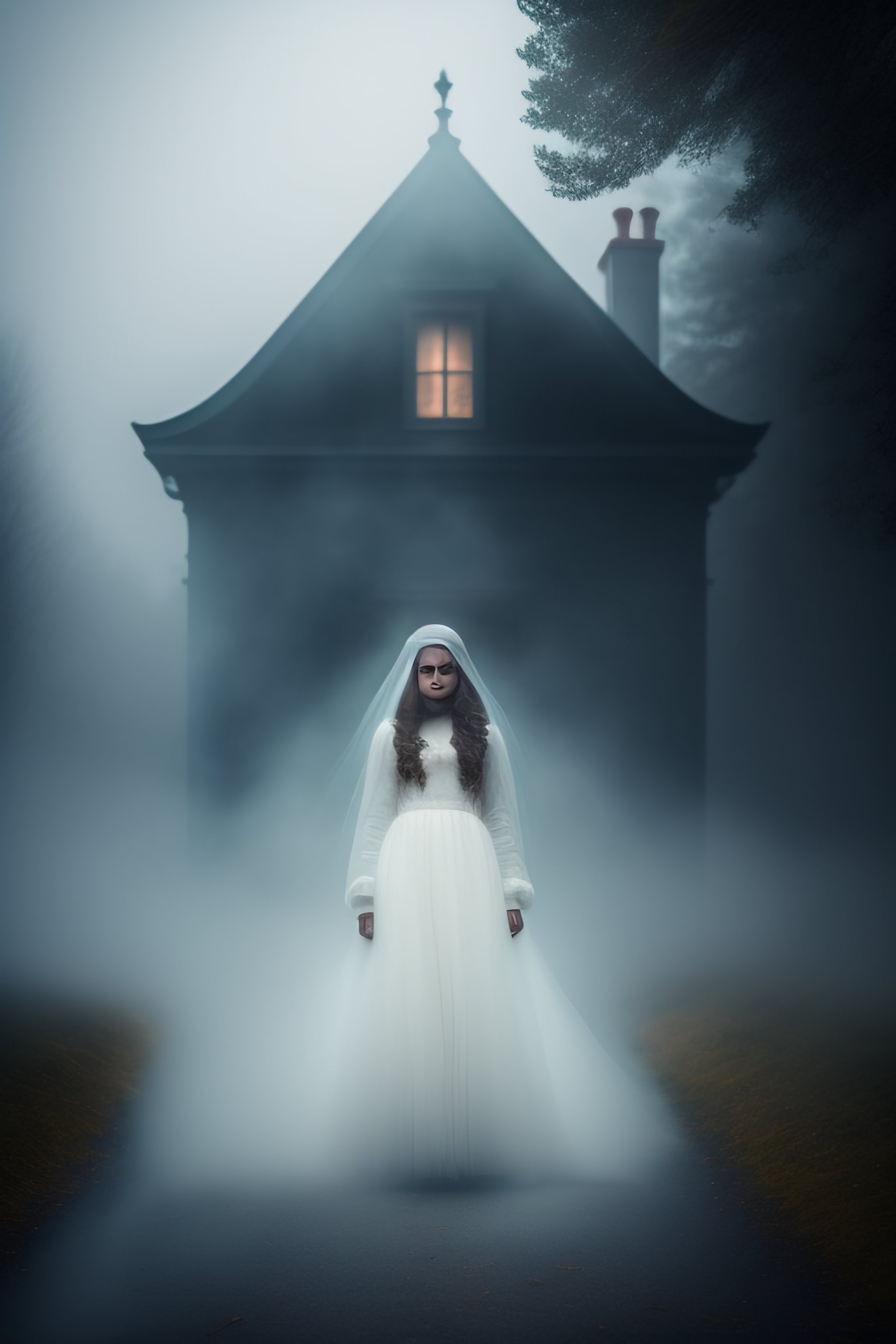 Lexica - Foggy creepy photograph of a ghostly girl