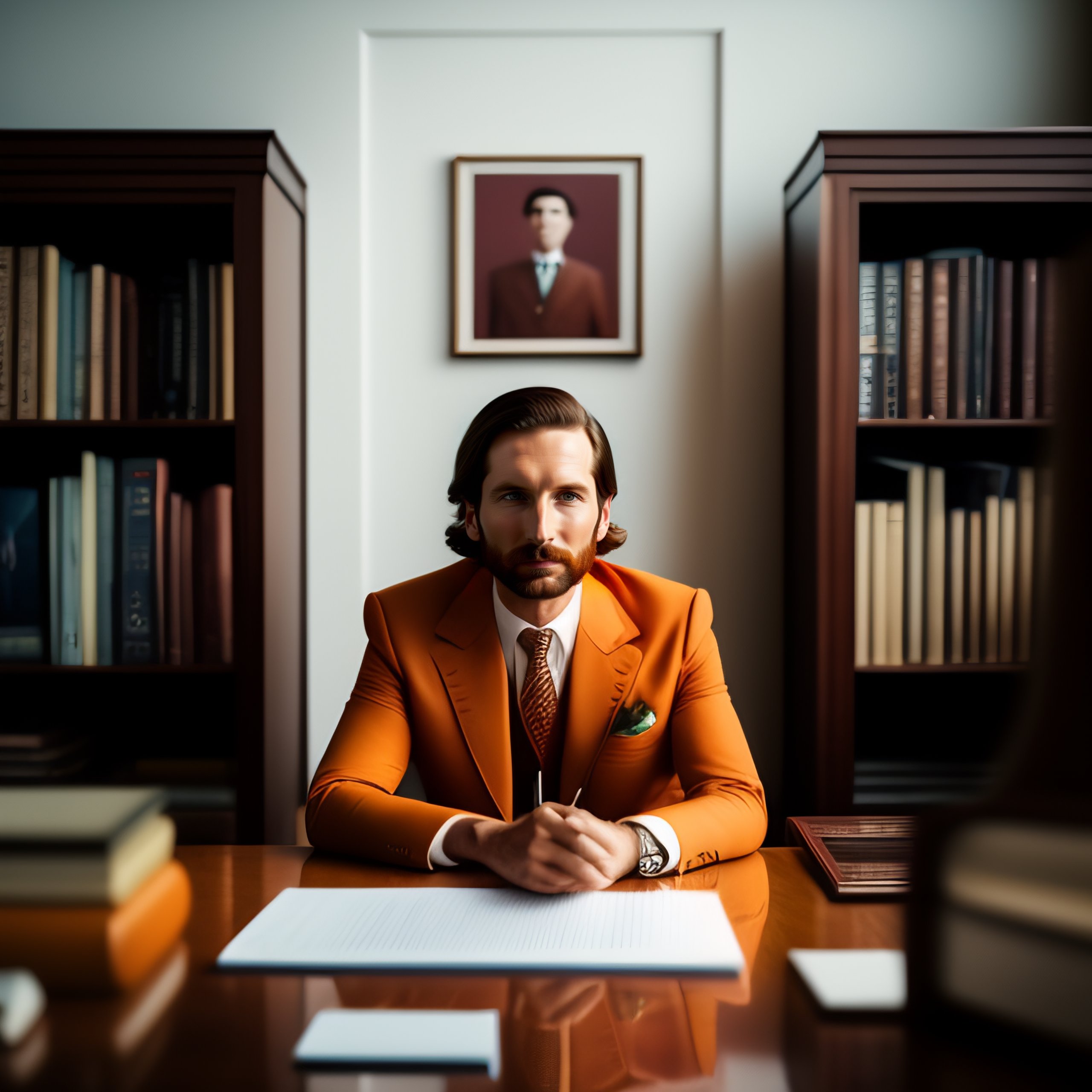 Lexica - Photography of a man sitting on his desk, wes Anderson style