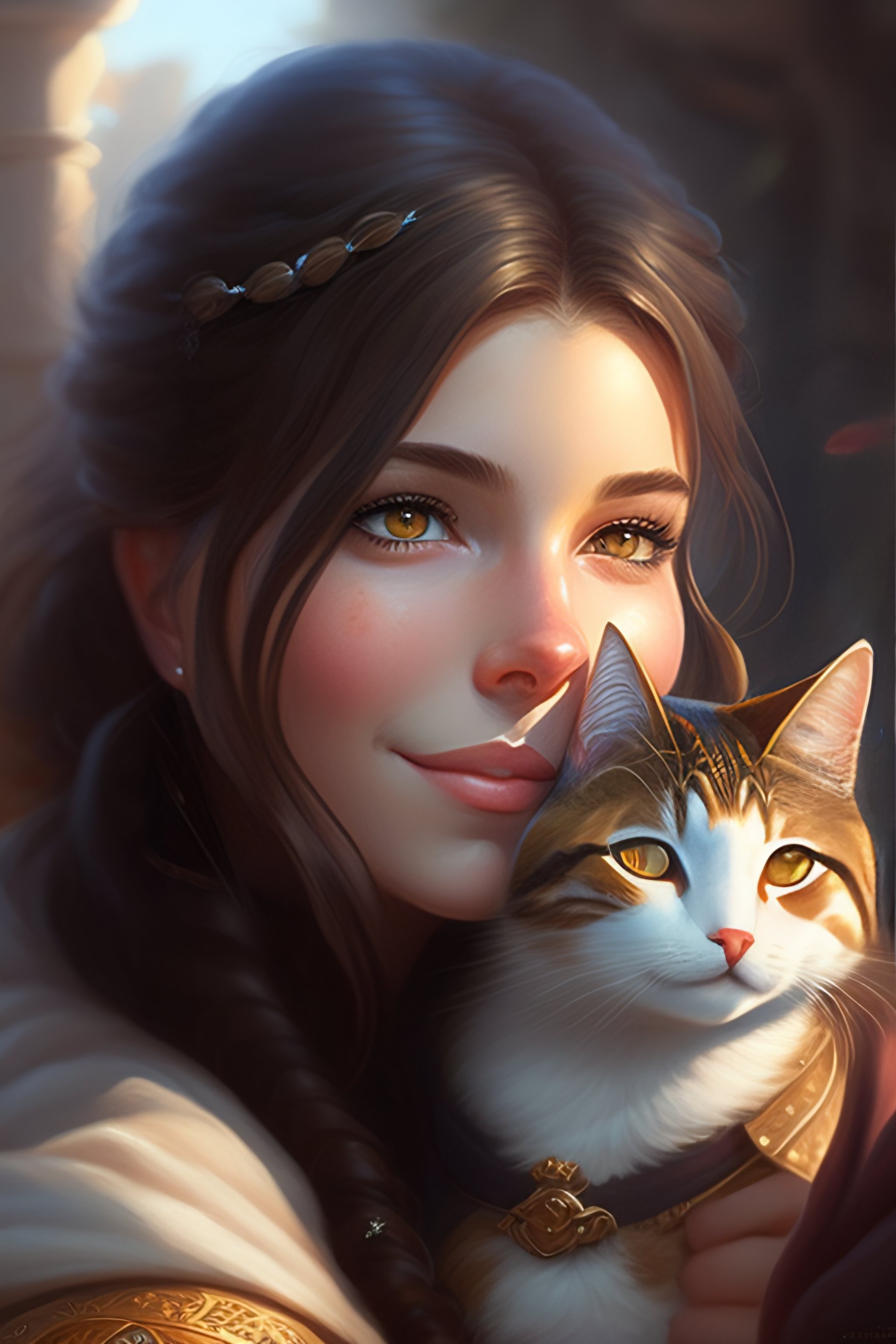 Lexica - A detailed portrait of a cute calm brunette girl hugging a ...