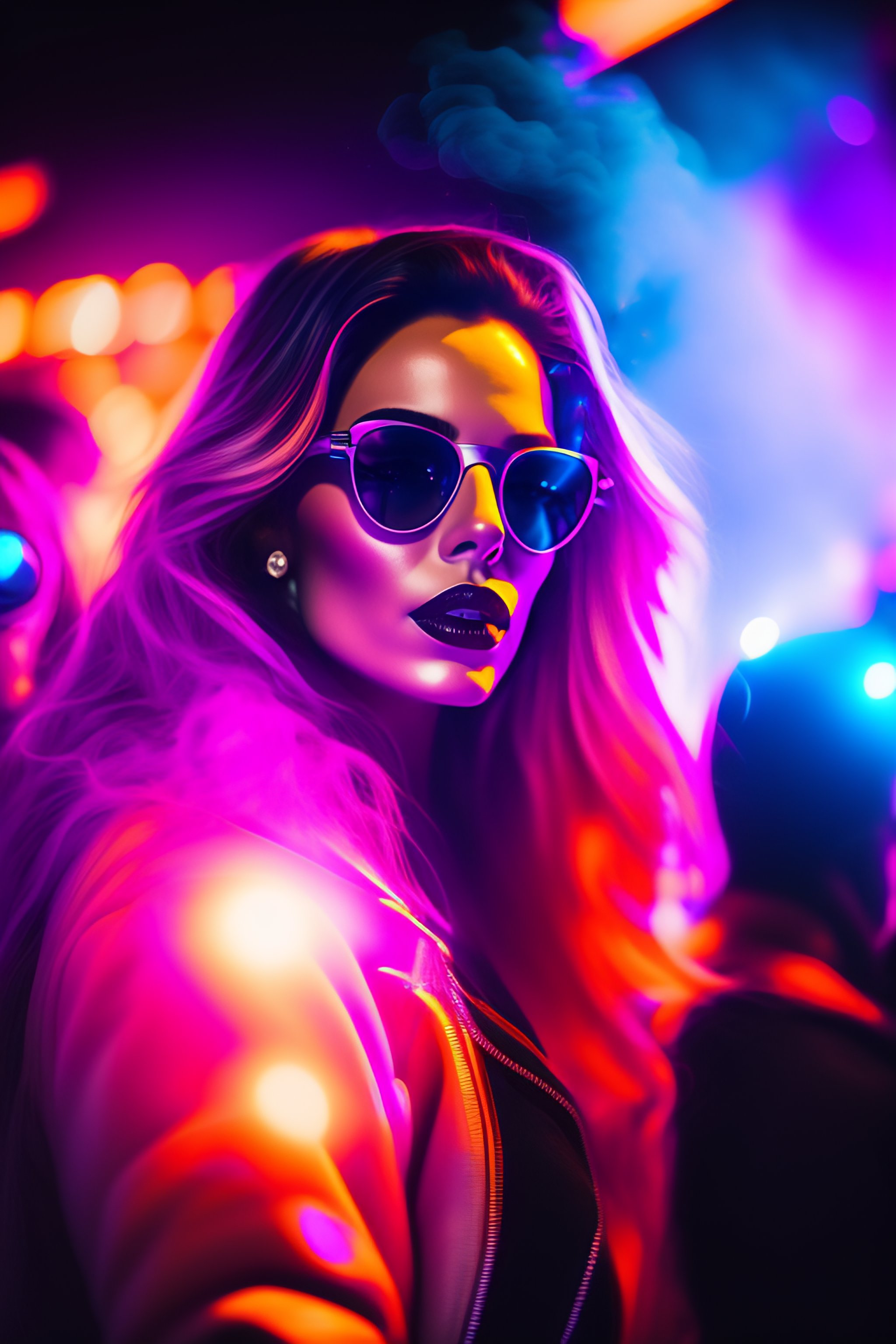 Lexica - A woman with sunglasses raving in a club with lasers and smoke