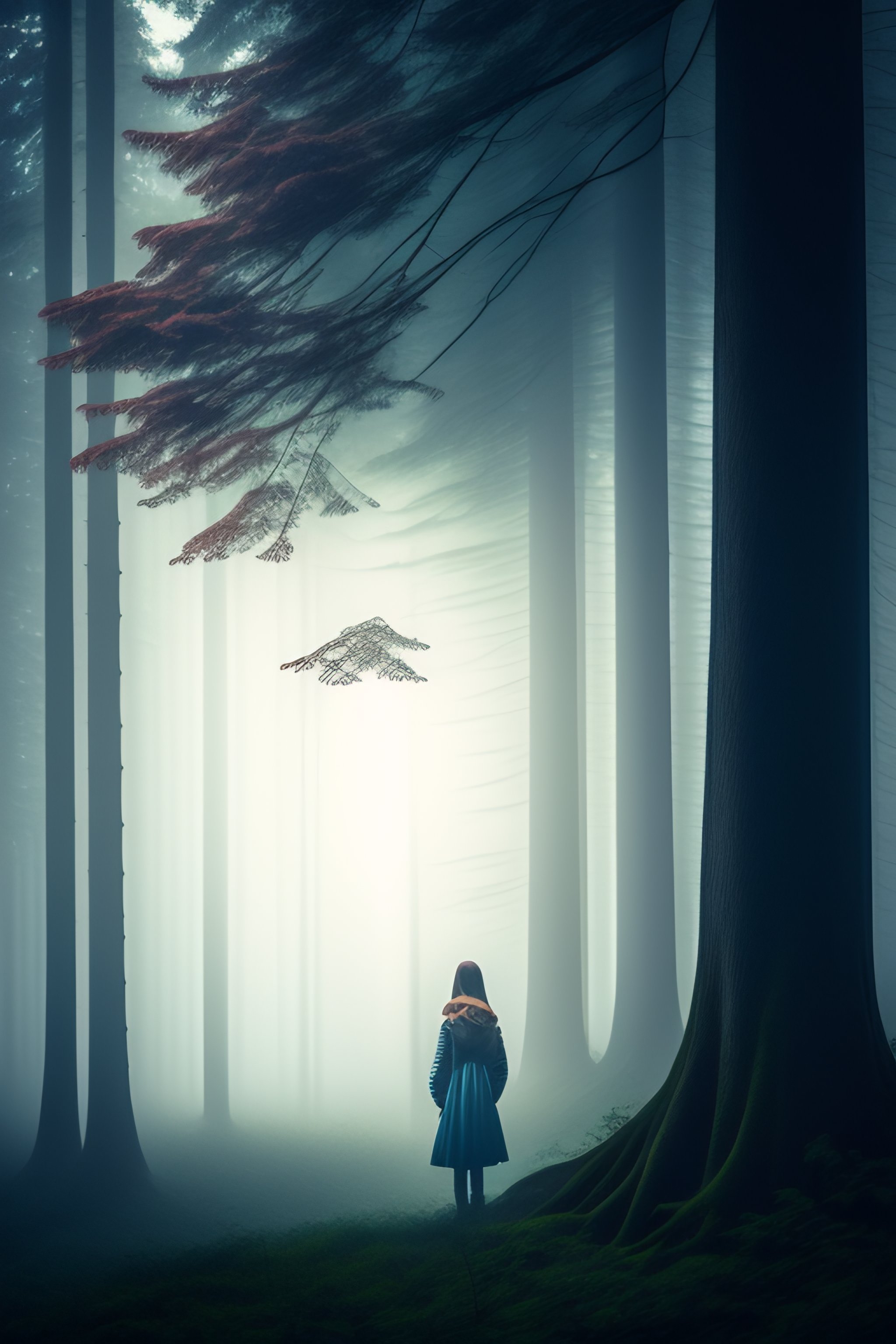 Lexica - Ghostly girl peeking from behind a tree in a dark foggy forest