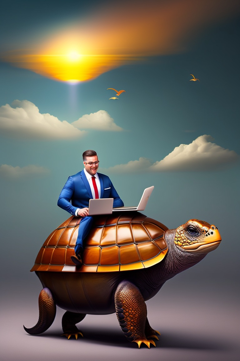 Lexica - Business man with laptop,ride Tortoise