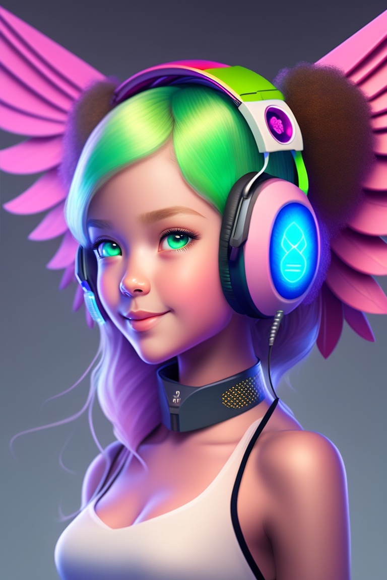 Lexica A animated girl with green headphones, pink wings and blue