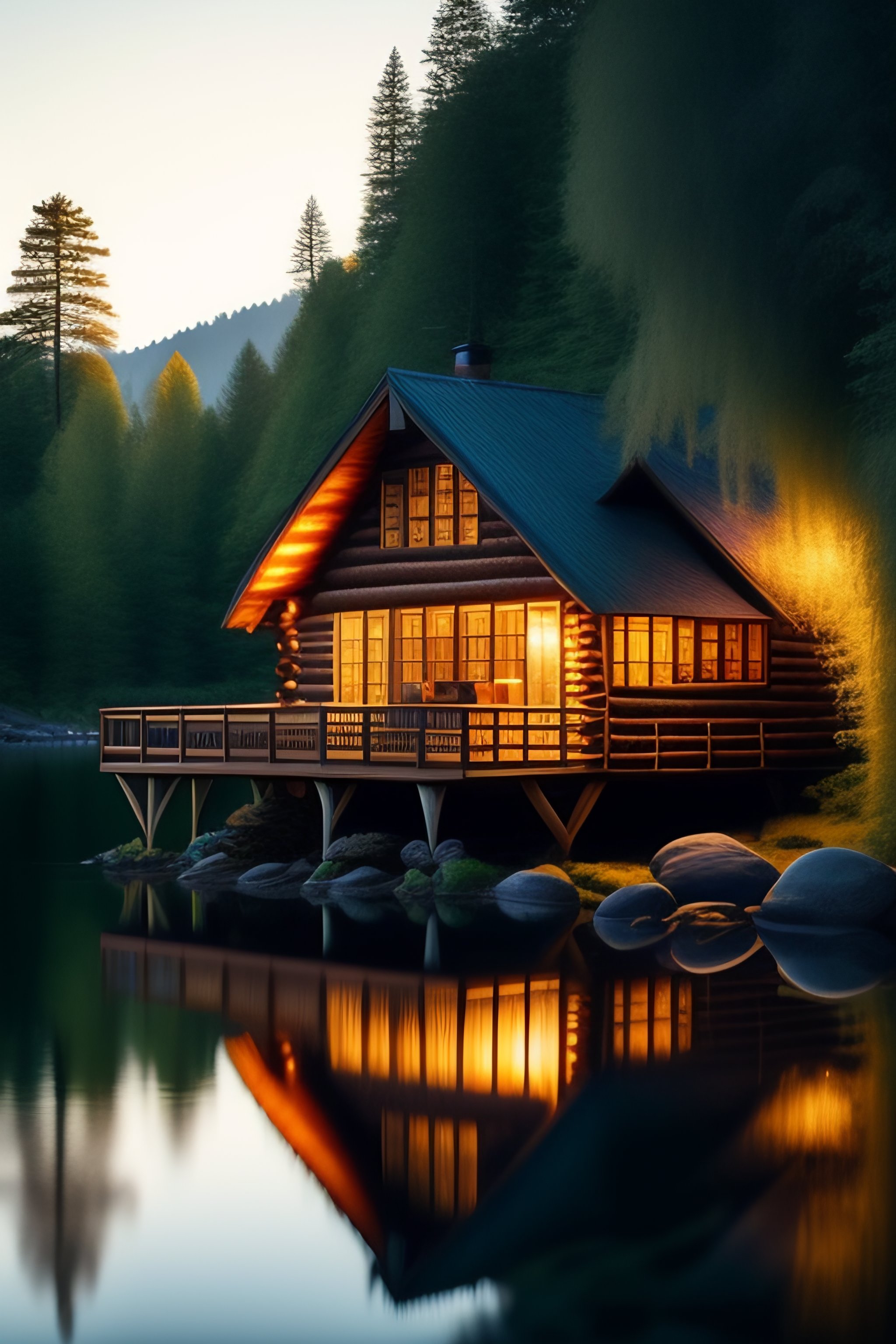 Lexica - A cozy riverside cabin nestled among tall trees, with a woman ...