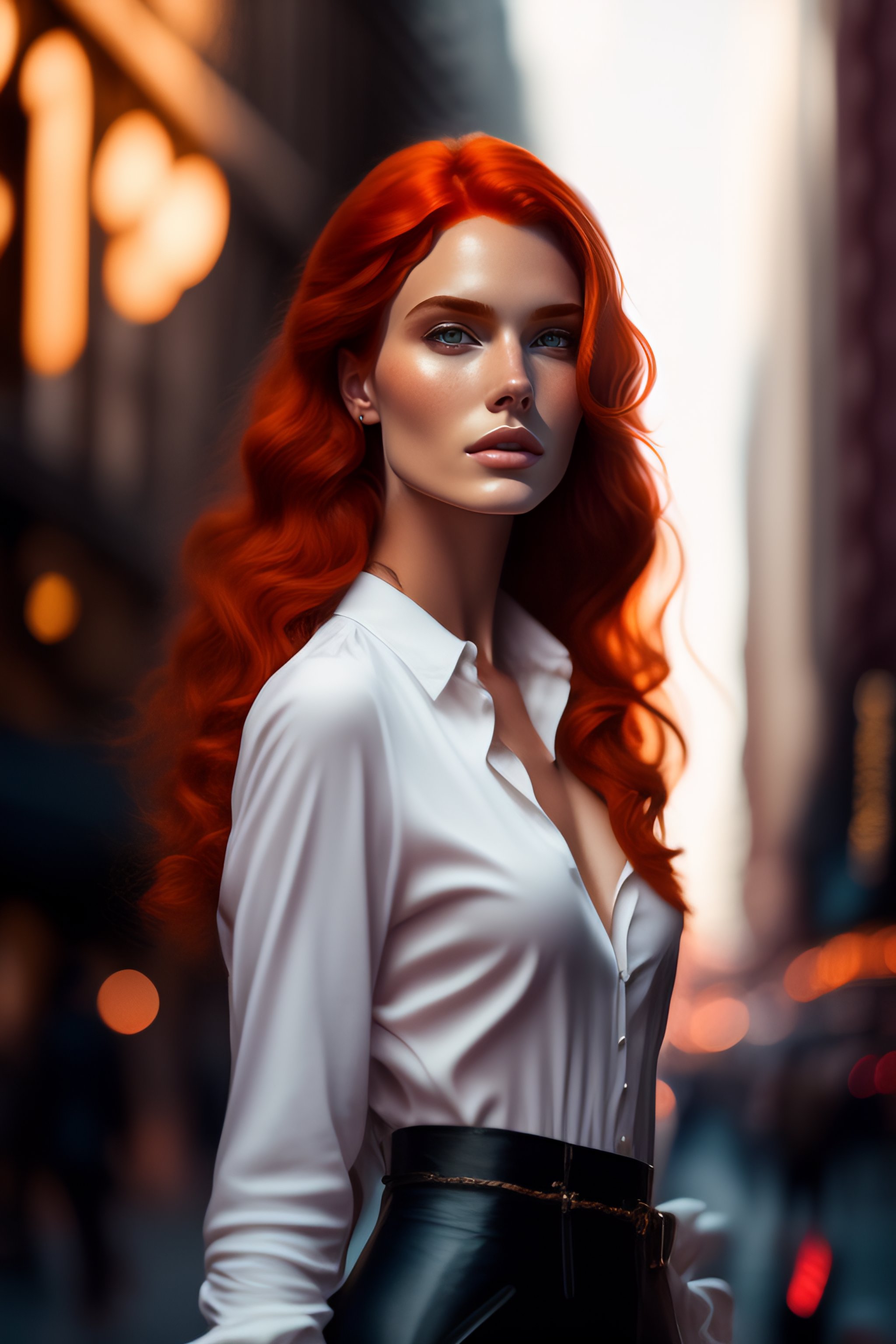 Lexica Extremely Beautiful Redhead Woman On Crowded New York Street Messy Bun Hair White