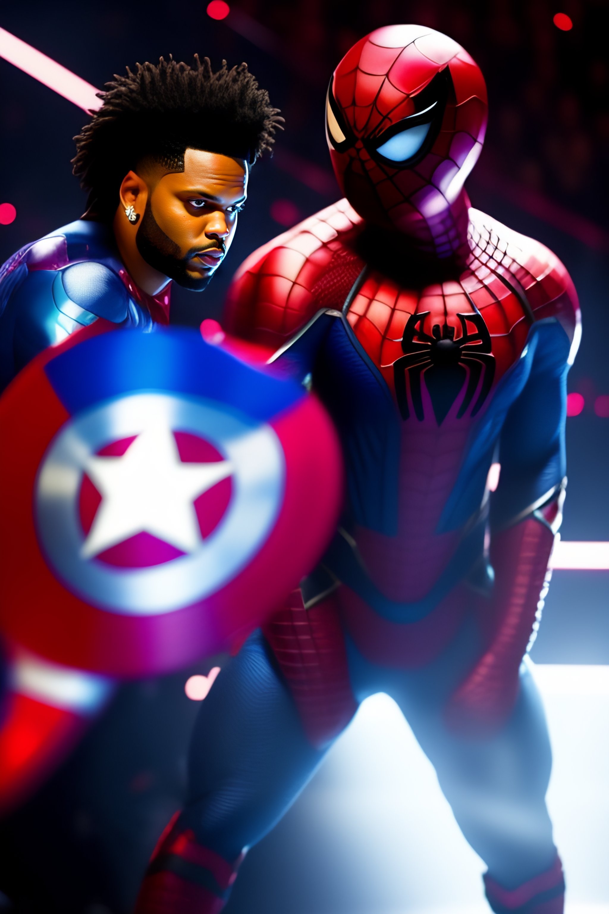 Lexica - The singer the weeknd in a captain america suit fighting spiderman