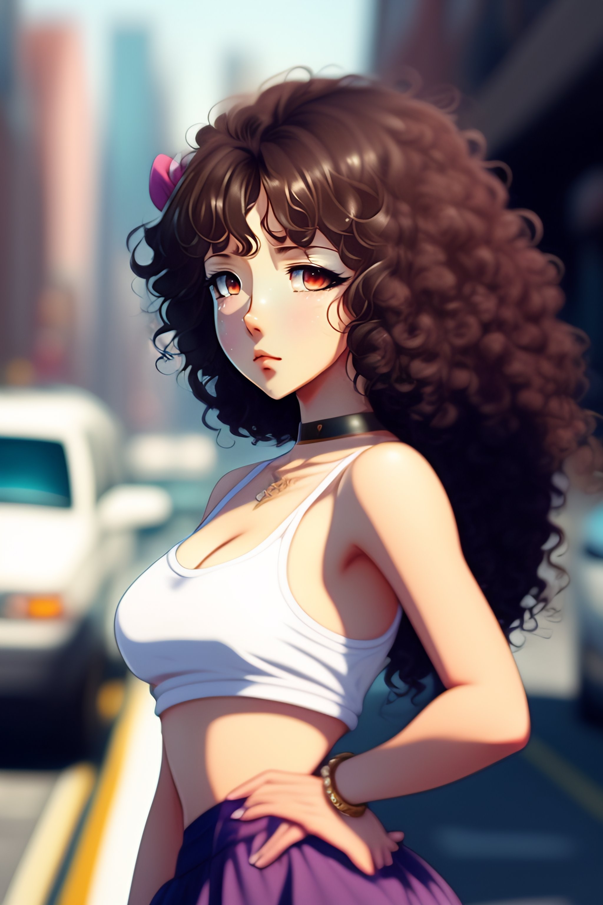 Lexica - Anime style, cute anime girl, 19 years old, back view, far from  camera, medium curly brown hair, skinny, back visible, slim waist, thick,  me...