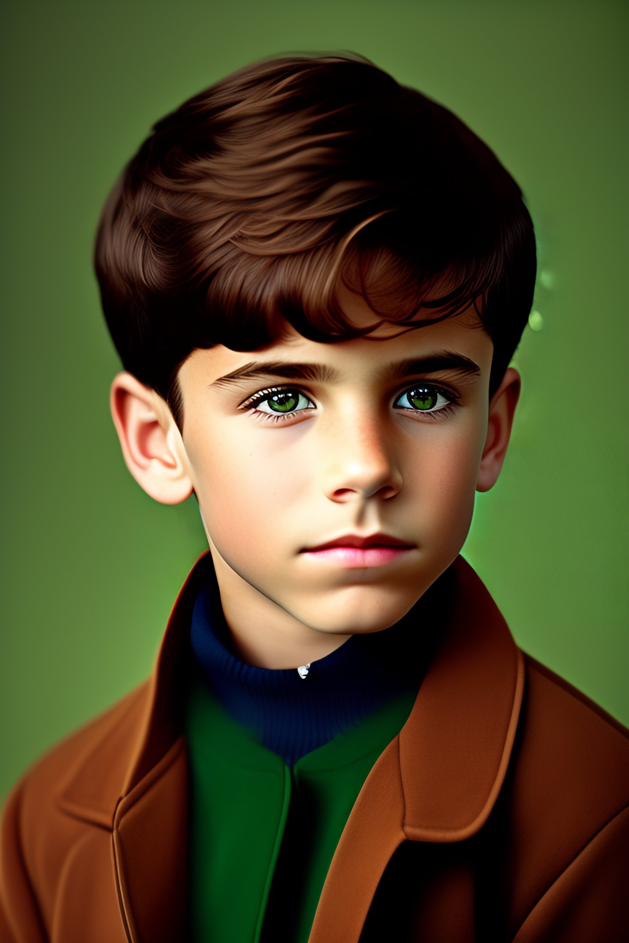 Lexica A Boy With Short Brown Hair And Dark Eyes Wearing A Dark Green Jacket And With An 4087