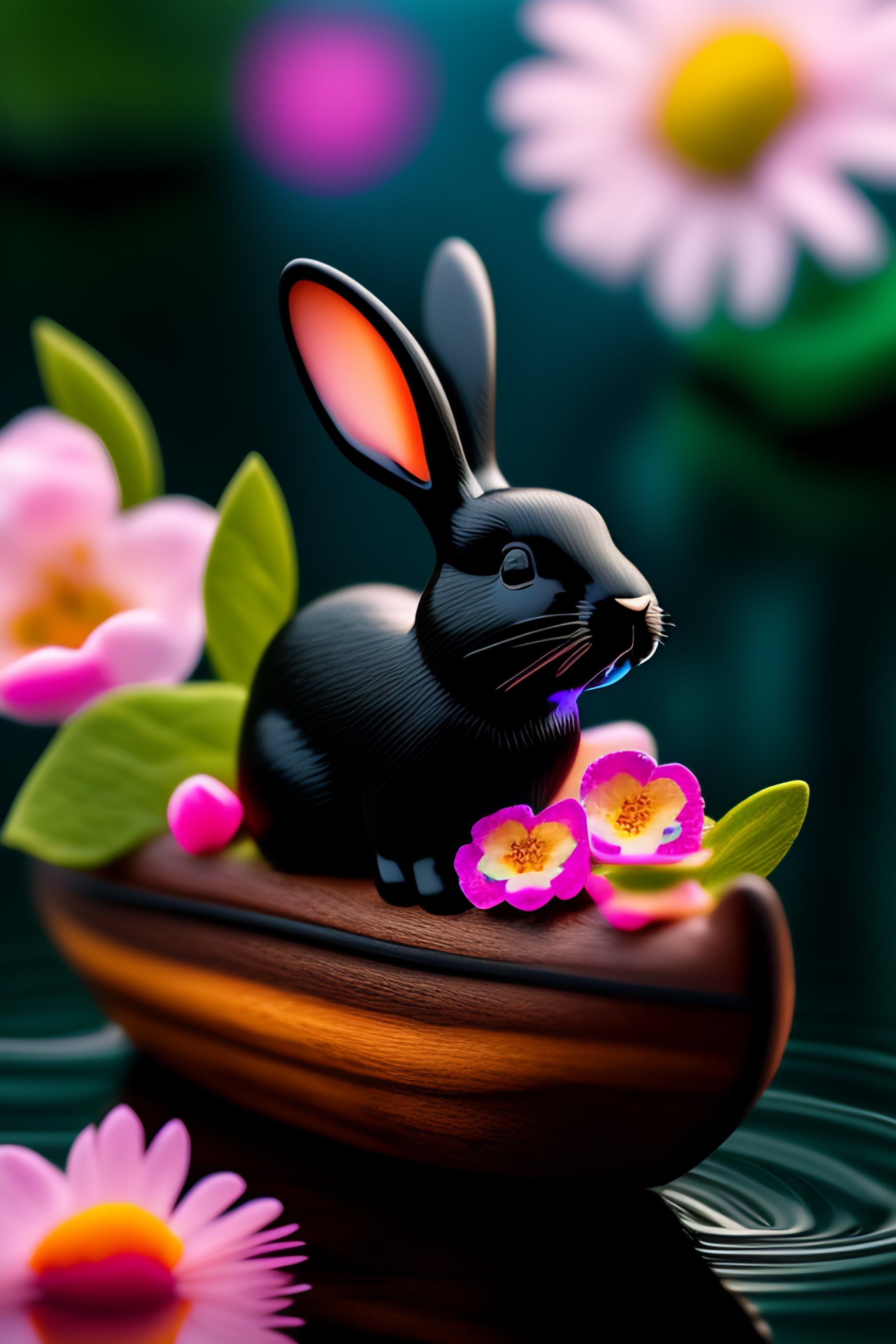 Lexica - A cute black rabbit swims along the river in a beautiful ...