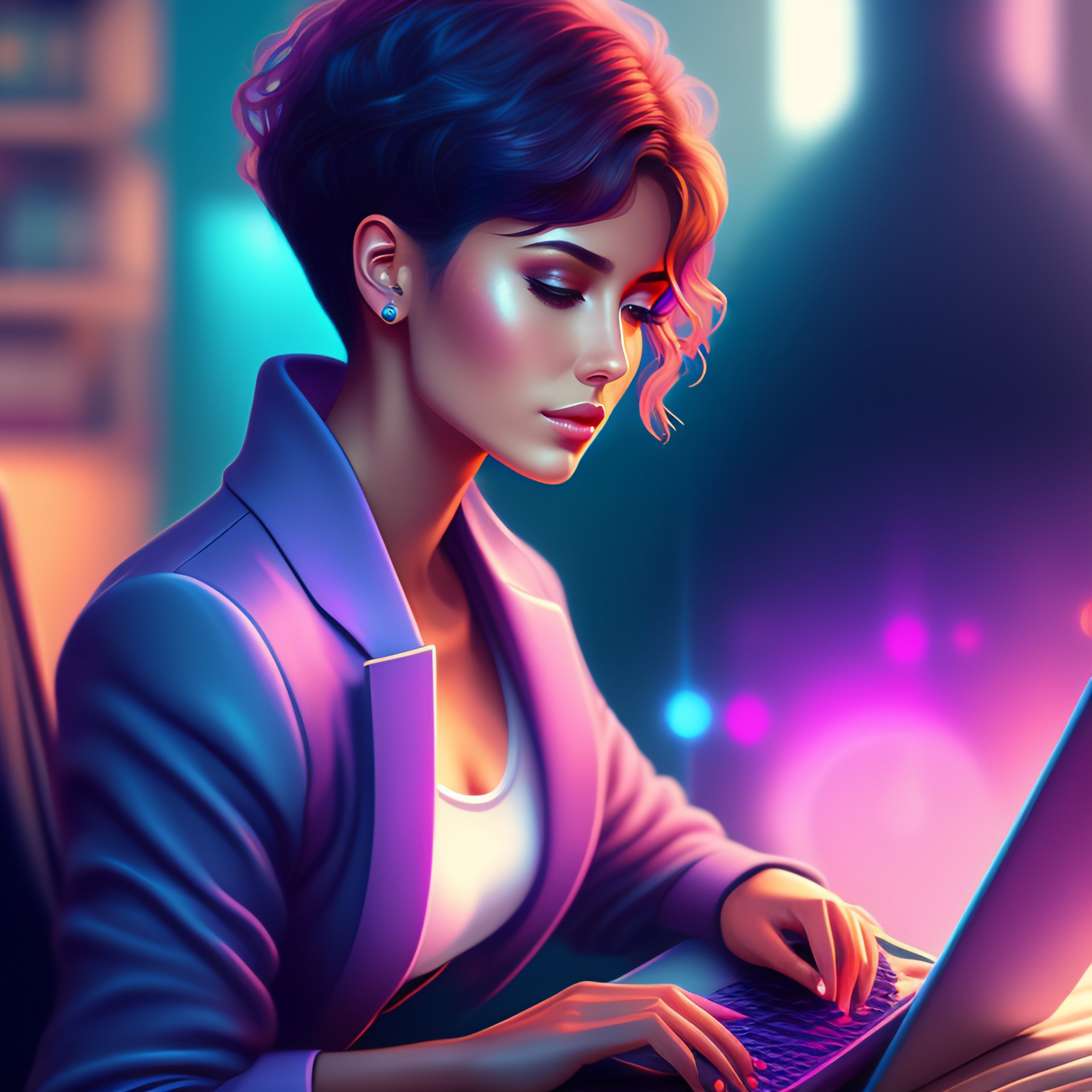 Lexica - Woman short hair programming on her laptop, coding aesthetic ...