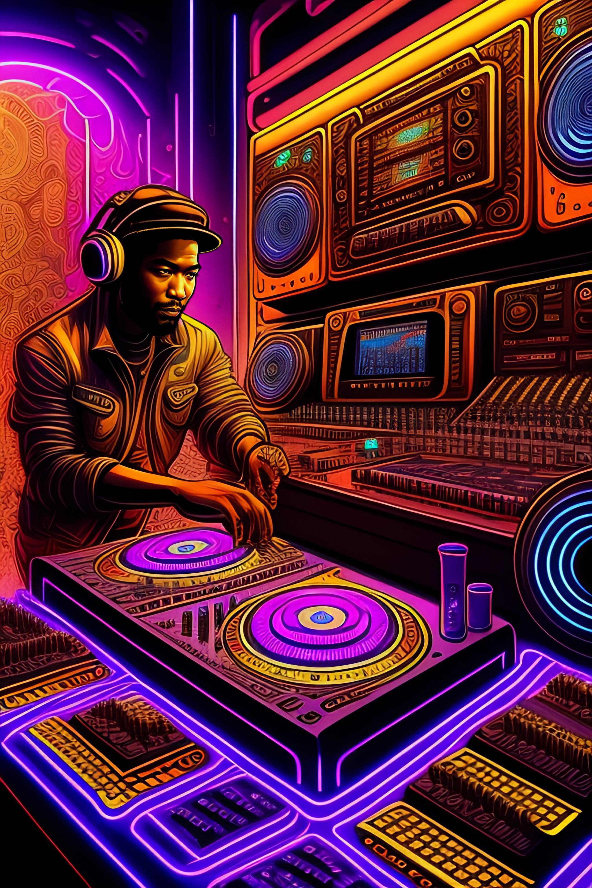 Lexica - Intricate detailed artwork of a futuristic dj at an underground  warehouse rave in the style of Geof Darrow, sampling, vinyl, mpc,  speakers,...