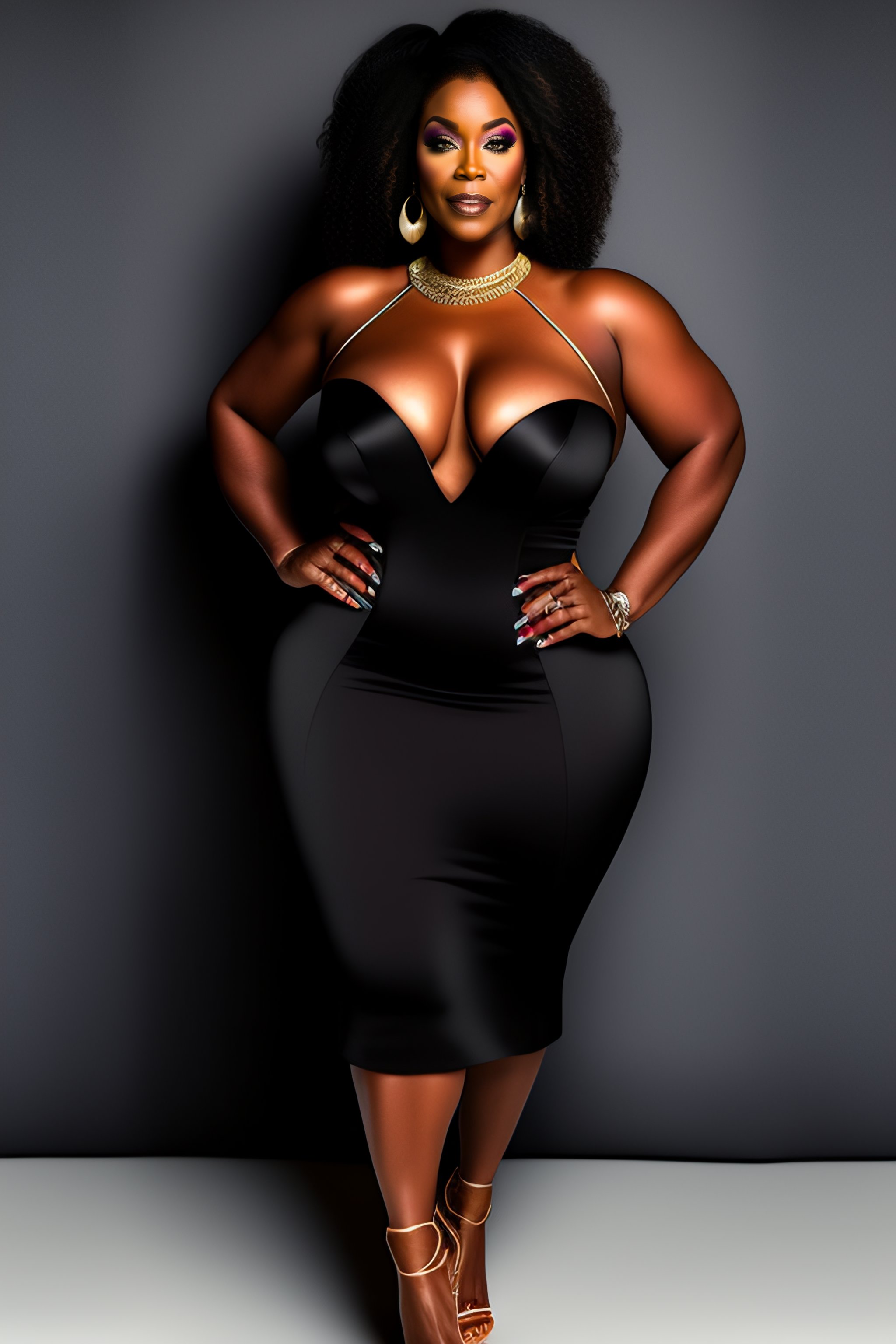 Lexica - Full body studio picture of a 50 year old average size black woman  in low cut dress