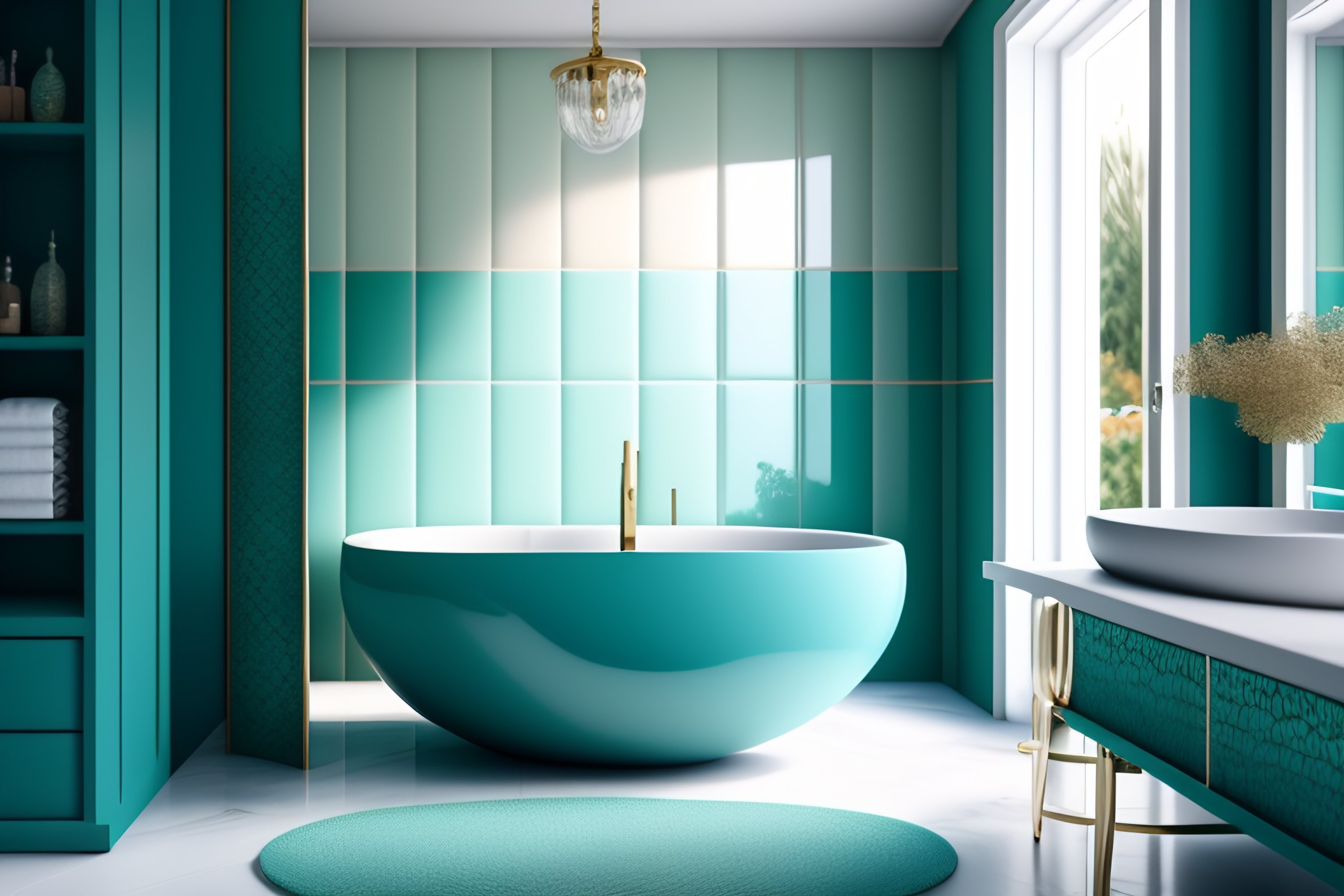 Lexica - Bathroom tiles in aqua stone imitation, bathtub by the window